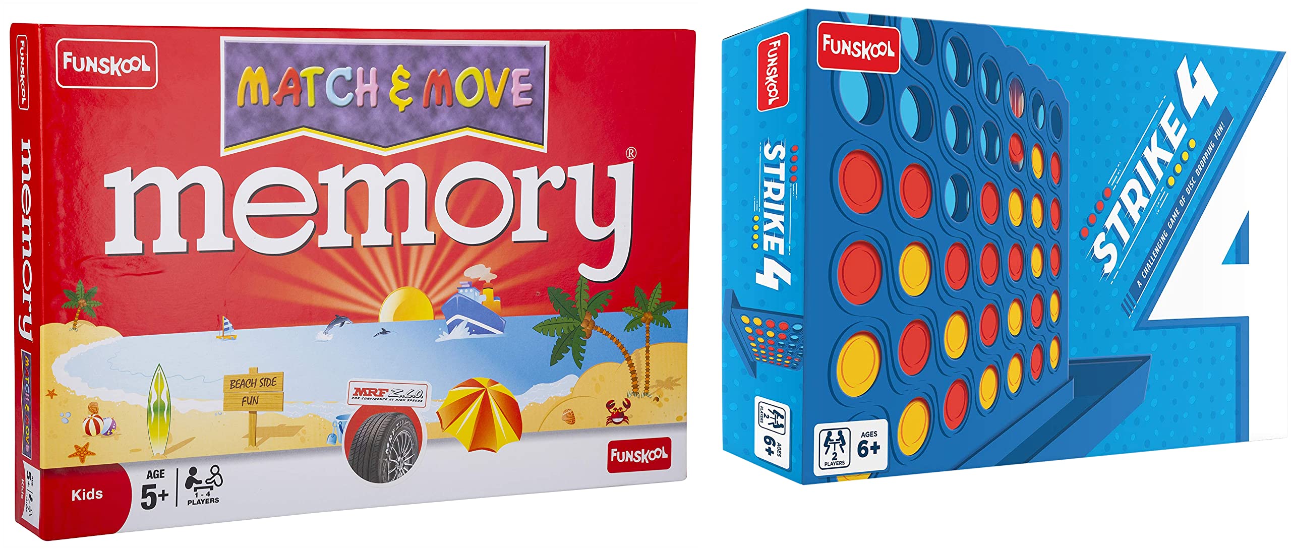 Funskool Games - Strike 4, Classic Disc Dropping Memory Game, Get 4 in A Row, Connect Game, 2 Players, 6 & Above&Funskool Memory Match and Move, Multicolor