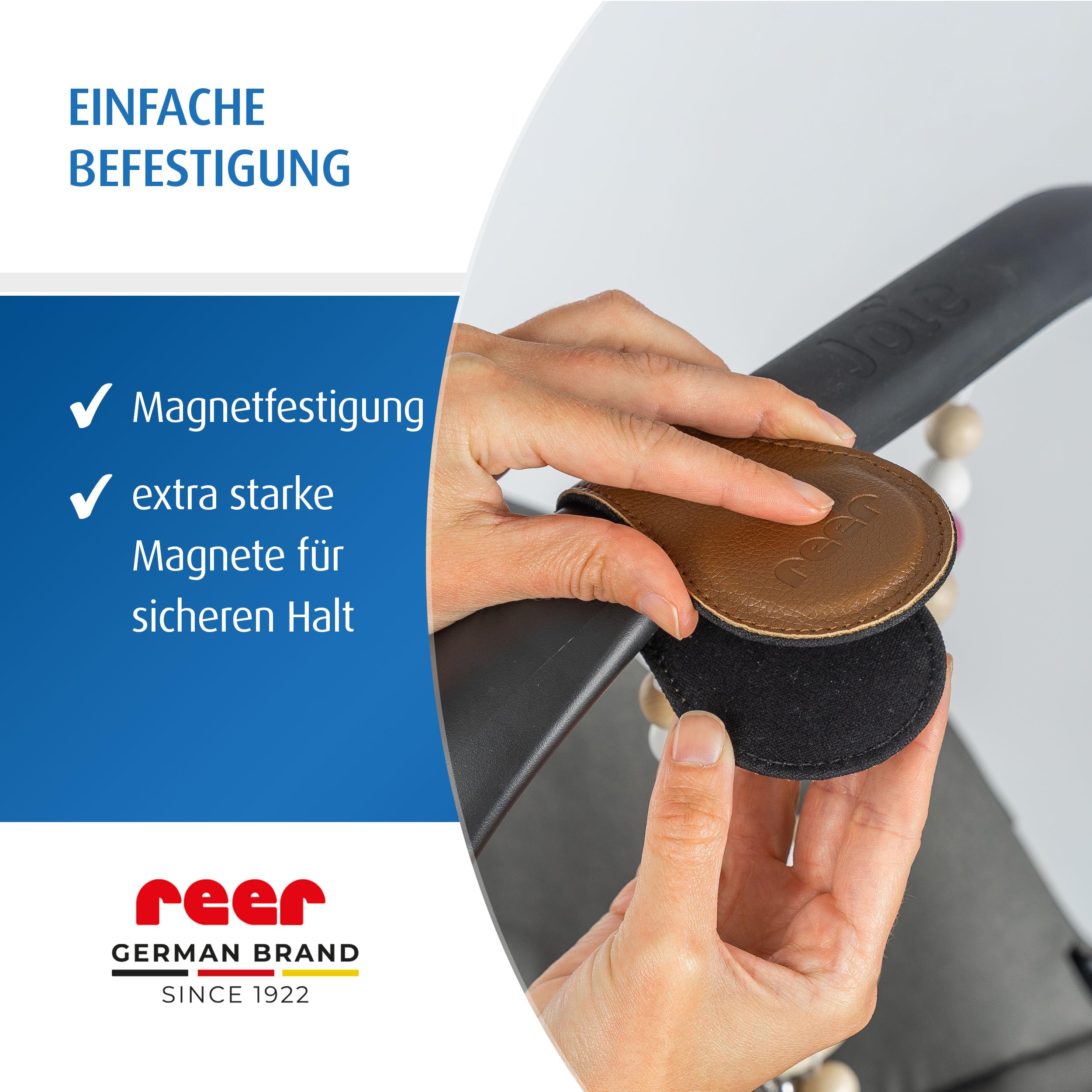 reer Clip&Go Magnetclip für Kinderwagen & Babyschalen | 2er-Set zum Befestigen von Mulltüchern & Spielzeug | starker Halt ohne Haken oder Klettverschluss | braun