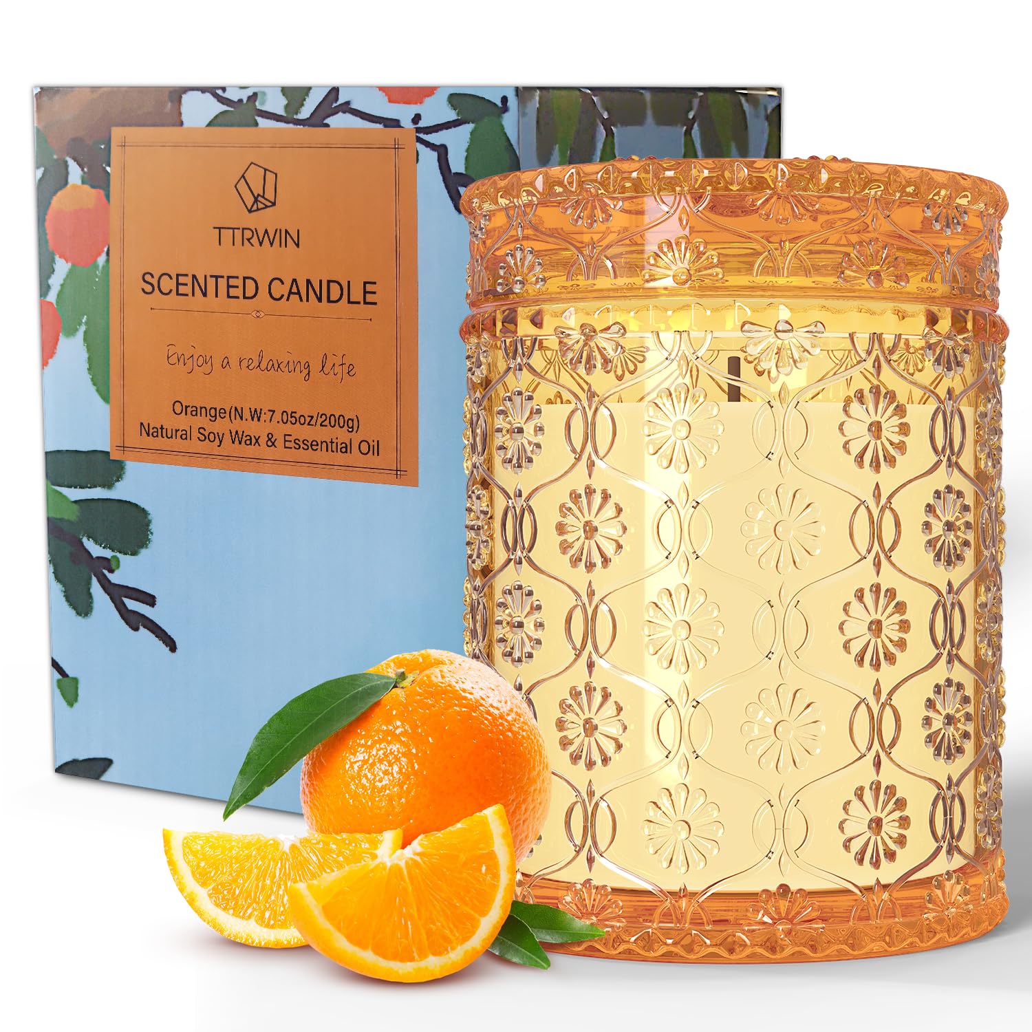 TTRWIN Naranja Vela Perfumada en Vaso, Vela Aromática 200g, Duración 50h, Cera de Soja Natural, Regalo para Mujer, Navidad, Cumpleaños, Día de la Madre