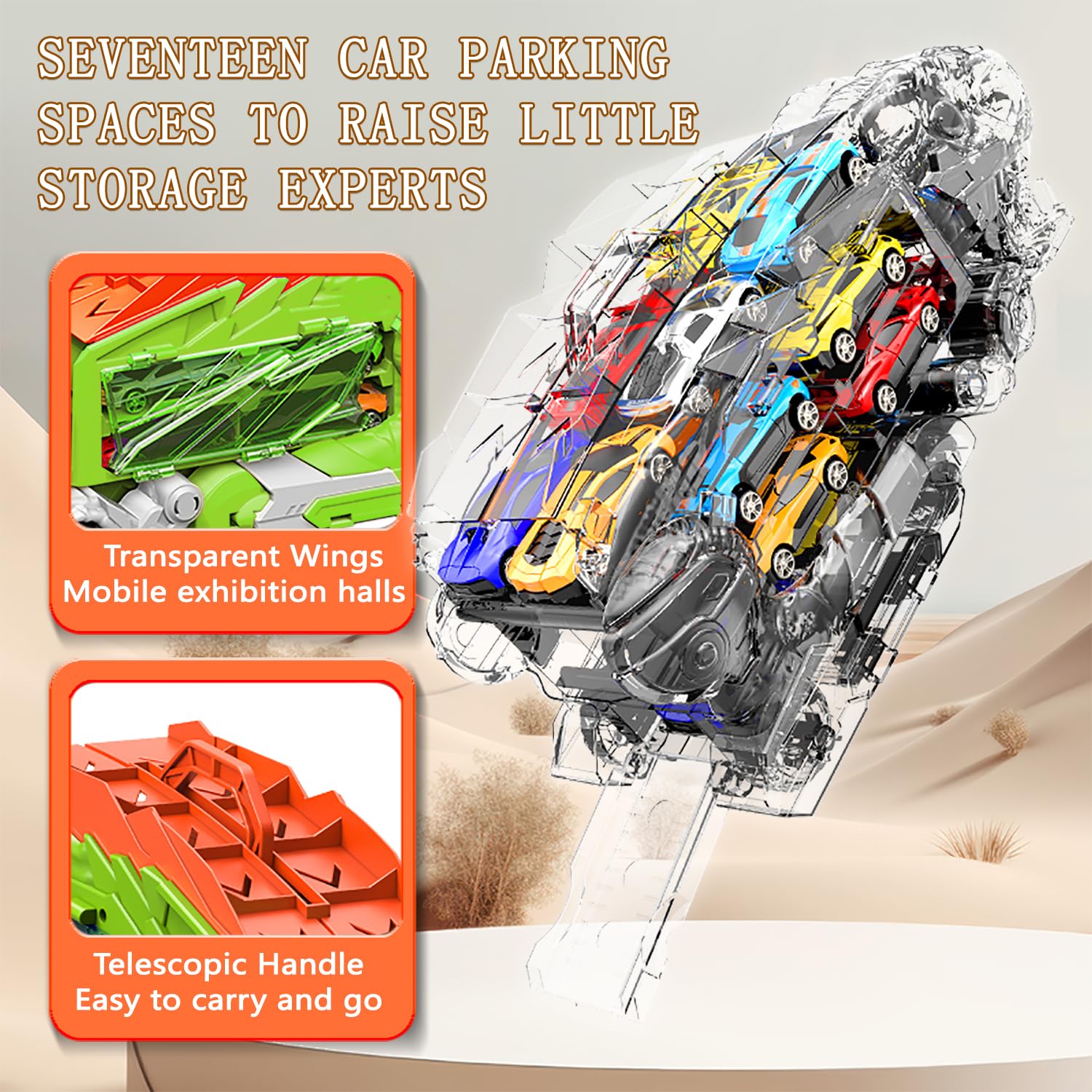 Dinosauro Camion Giocattolo con 8 Macchinine, Dinosauri Trasformabili per bambini 3 4 5 6 7 8+Anni,Garage,Set Pista da Corsa,Transforms in Dino con Ali,Camion Furgoni,Regali di Compleanno per Bambini