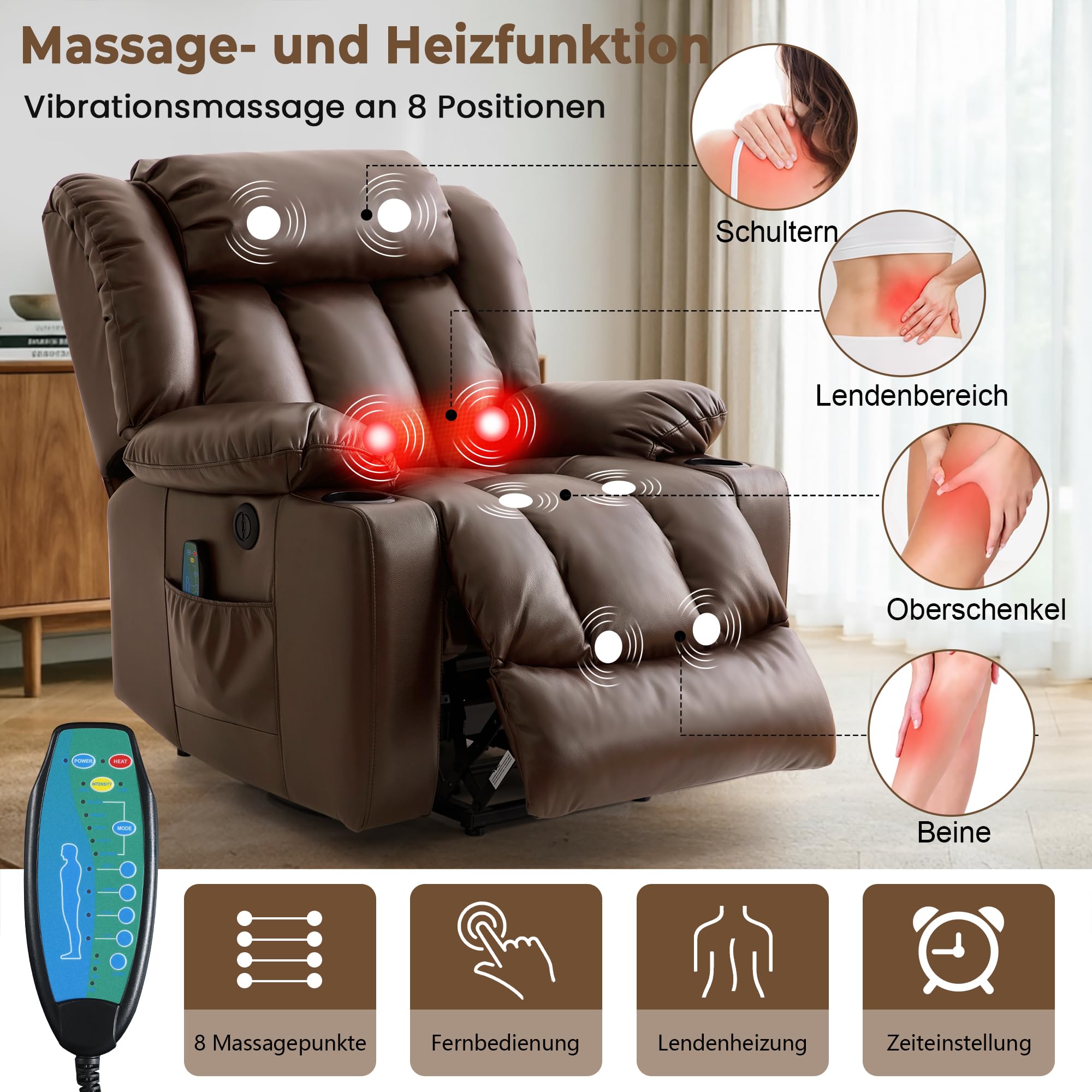 DUANDUAN Aufstehsessel mit flüsterleisem Motor, Liftsessel für Senioren | Elektrisch verstellbar, Lendenheizung, 8-Punkt-Massage, USB-Laden, wasserabweisendes Leder, einfache Montage