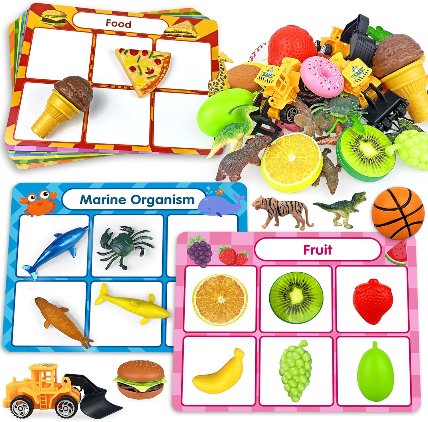 XIPEGPA Sorting Game with 8 Themes Ball Games Wild Animals Dinosaurs Insects Sea Animals Fruits Food and Engineering Vehicles Develop Fine Motor Skills and Curiosity Ideal Educational Learning Gift