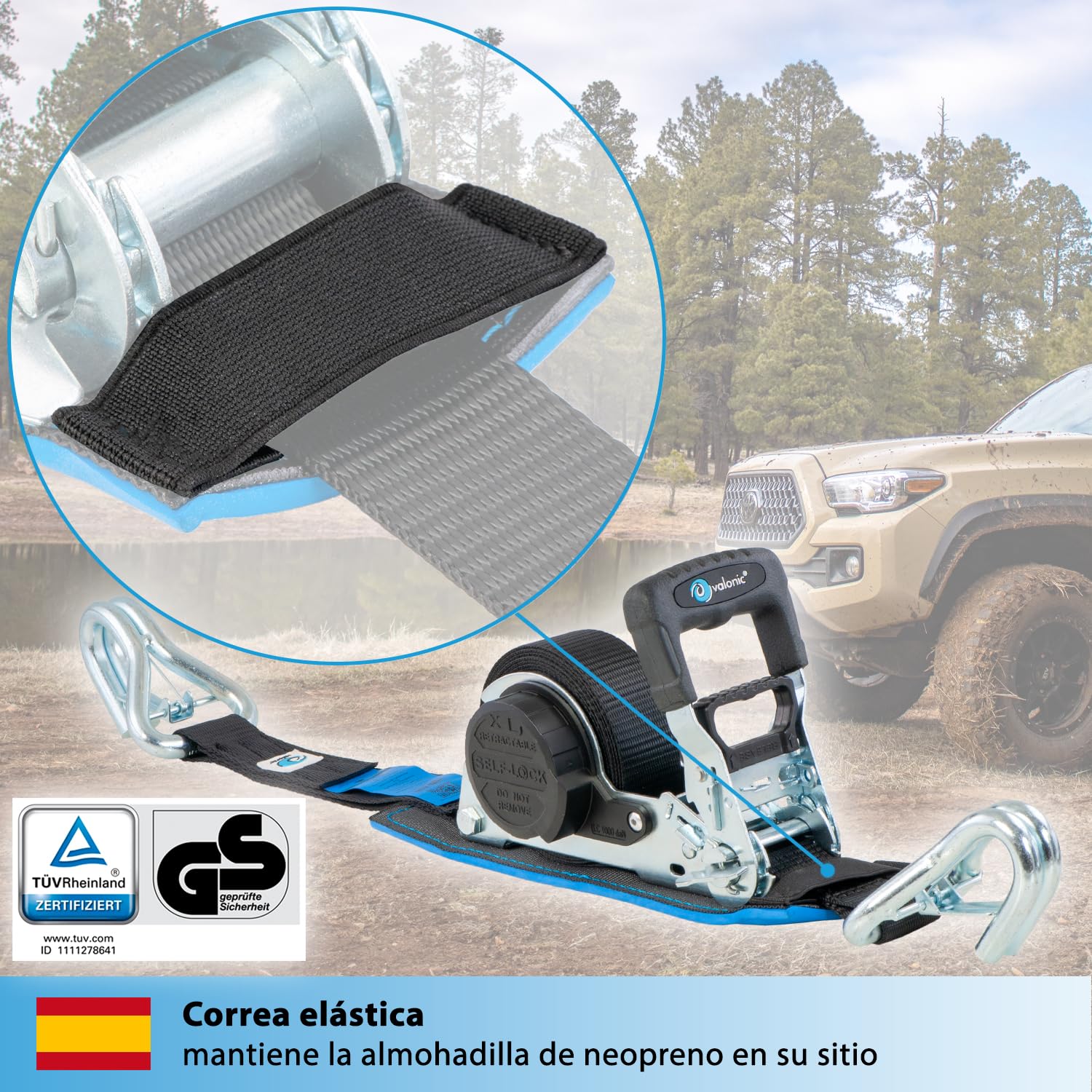 valonic Grizzly - 2X 5m XXL Cinchas de Amarre automáticas con mosquetón, 35mm, 800/1600 KG, Acolchadas, Certificado TÜV Rheinl. & GS, EN-12195-2 - con trinquete, Negro