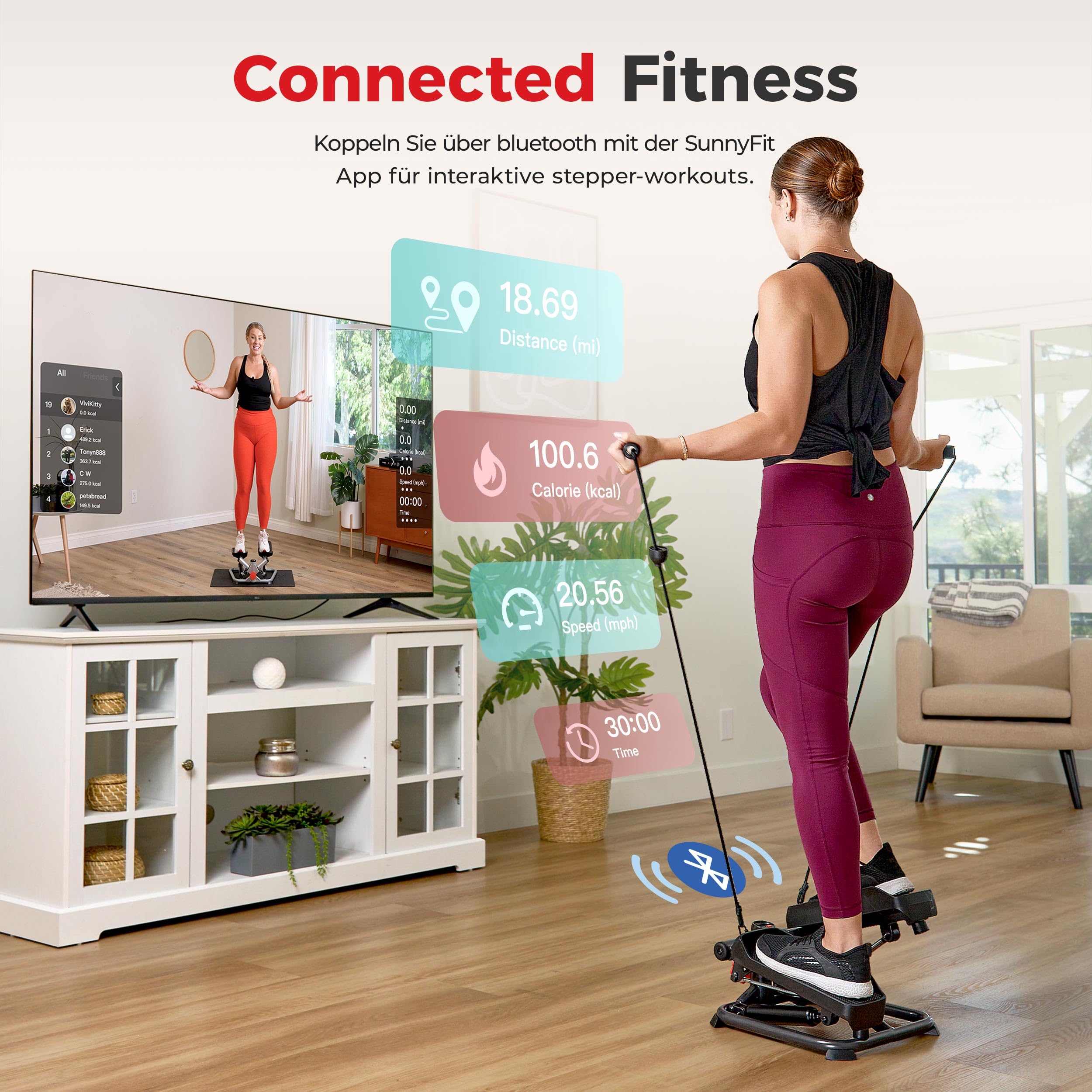 Sunny Health & Fitness Stepper für Zuhause, Ministepper für Home Gym, Kompakter Sportgeräte für Ganzkörper-Cardio mit Optionaler Twist-Bewegung, Widerstandsbändern und Kostenloser SunnyFit App