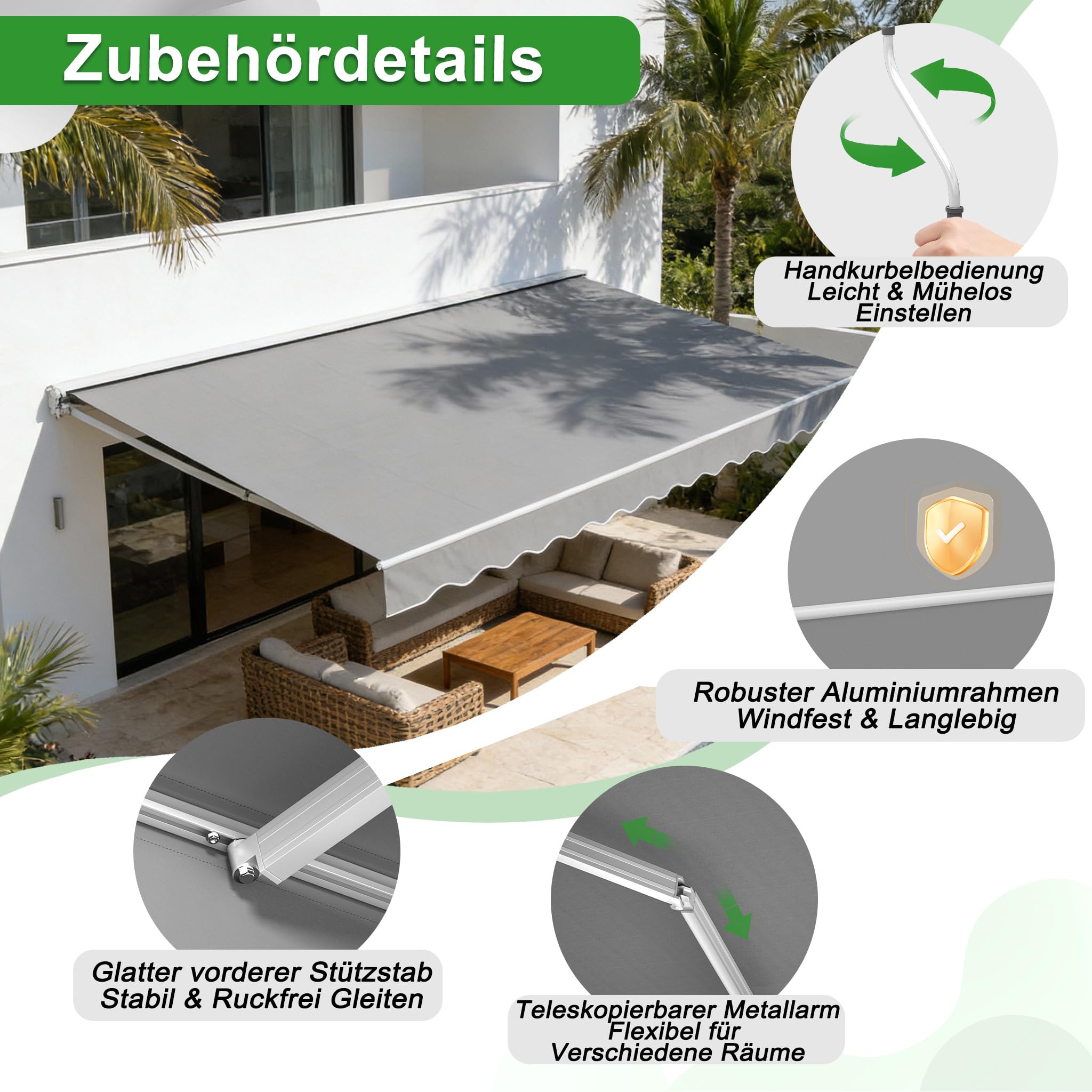Amazon.de: Aufun Manuelle Gelenkarmmarkise Markise Balkon aus Alu und  Polyester, Einziehbar Sonnenschutz Markisenabdeckung mit Handkurbel,  Wasserdicht Anti-UV fr Balkon Terrasse Auen(360x300 cm, Grau)