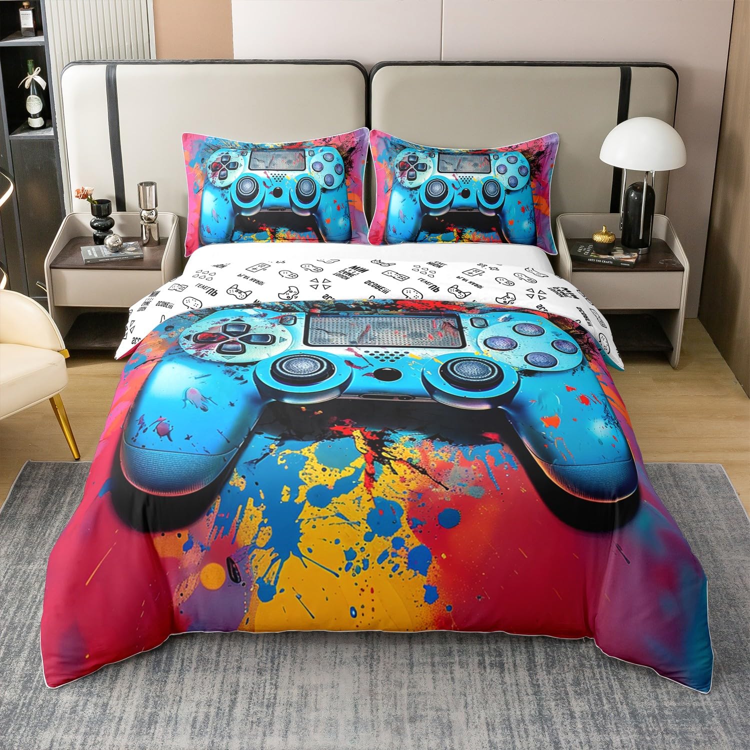 Homemissing Kids Gamer Duvet Cover 100% Cotton Game Controller Bedding Set Double Girls Bedroom Decor Gaming Gifts Comforter Cover Set Gamepad Colorful Bedspread Cover With 2 Pillow Case No Comforter