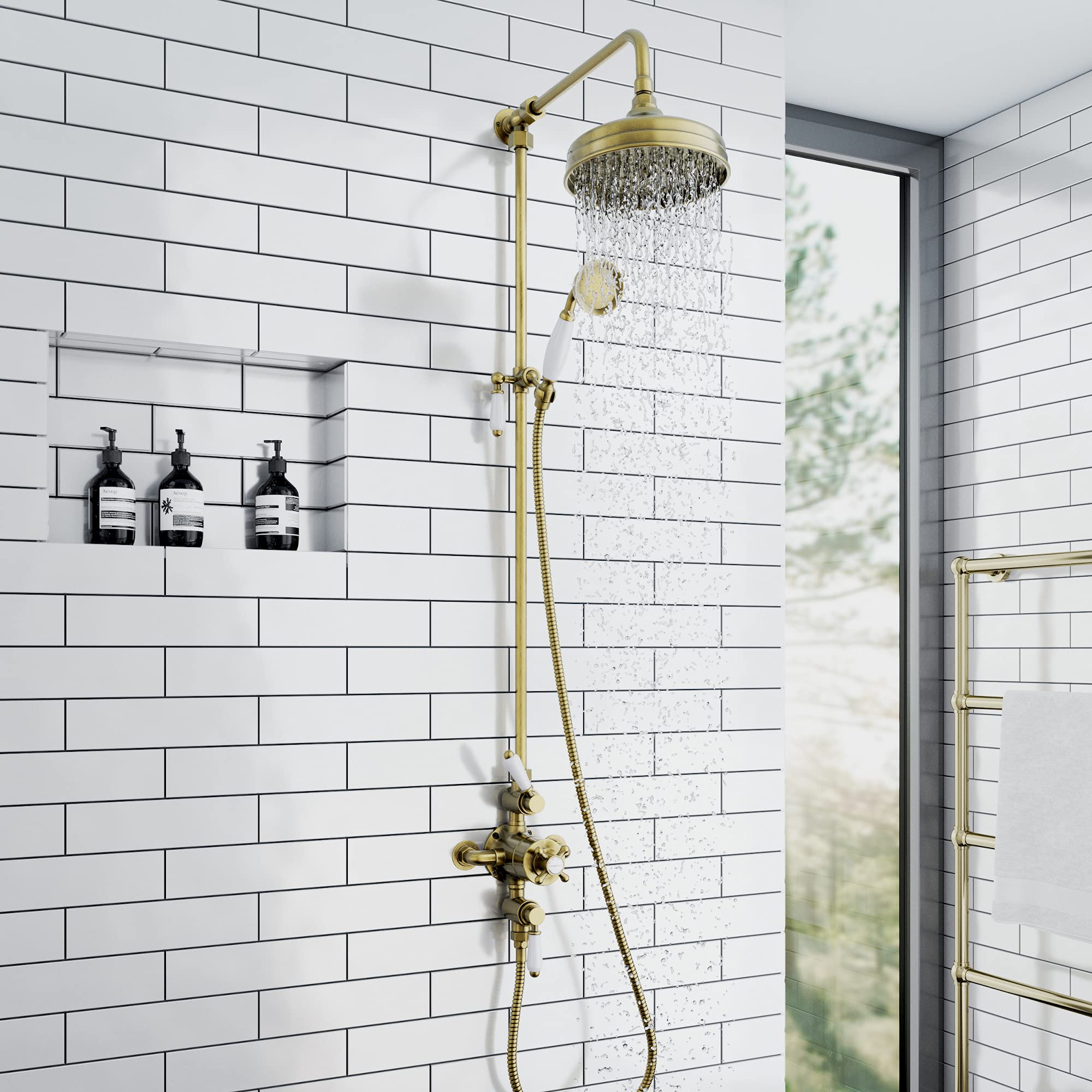 ENKI, Downton, SH0630, Shower Set with 2 Shower Head Outlets, Triple Thermostatic Shower Valve, Antique Brass Shower Tap Attachment for Bathrooms Showers