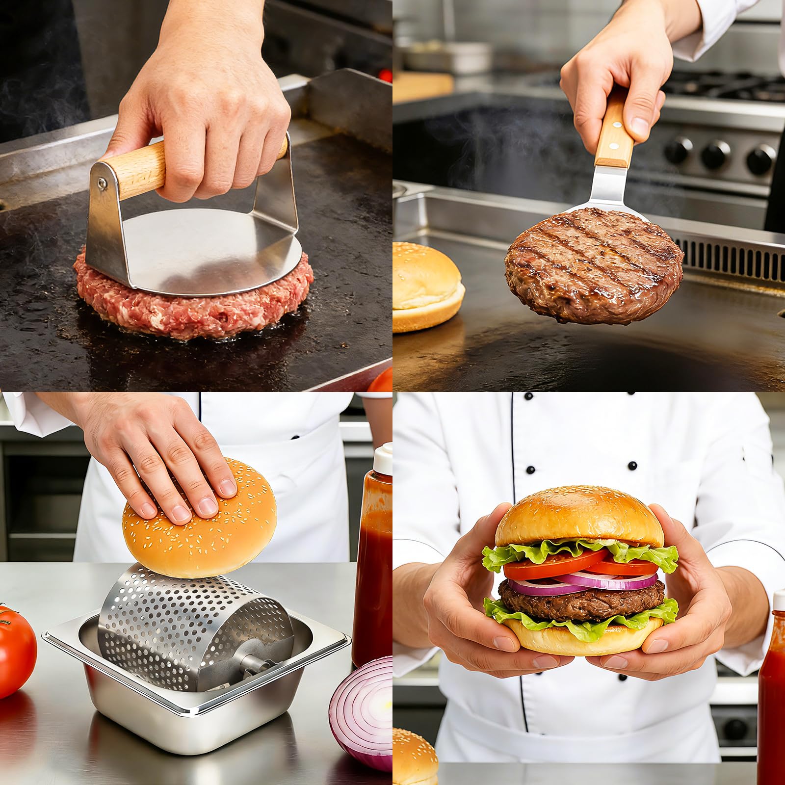 Rouleau à beurre pour petits pains avec presse à hamburger de 14 cm et spatule à griller – Capacité de 0,9 kg – Kit de grille pour tartiner uniformément le beurre fondu sur le pain, les hamburgers et
