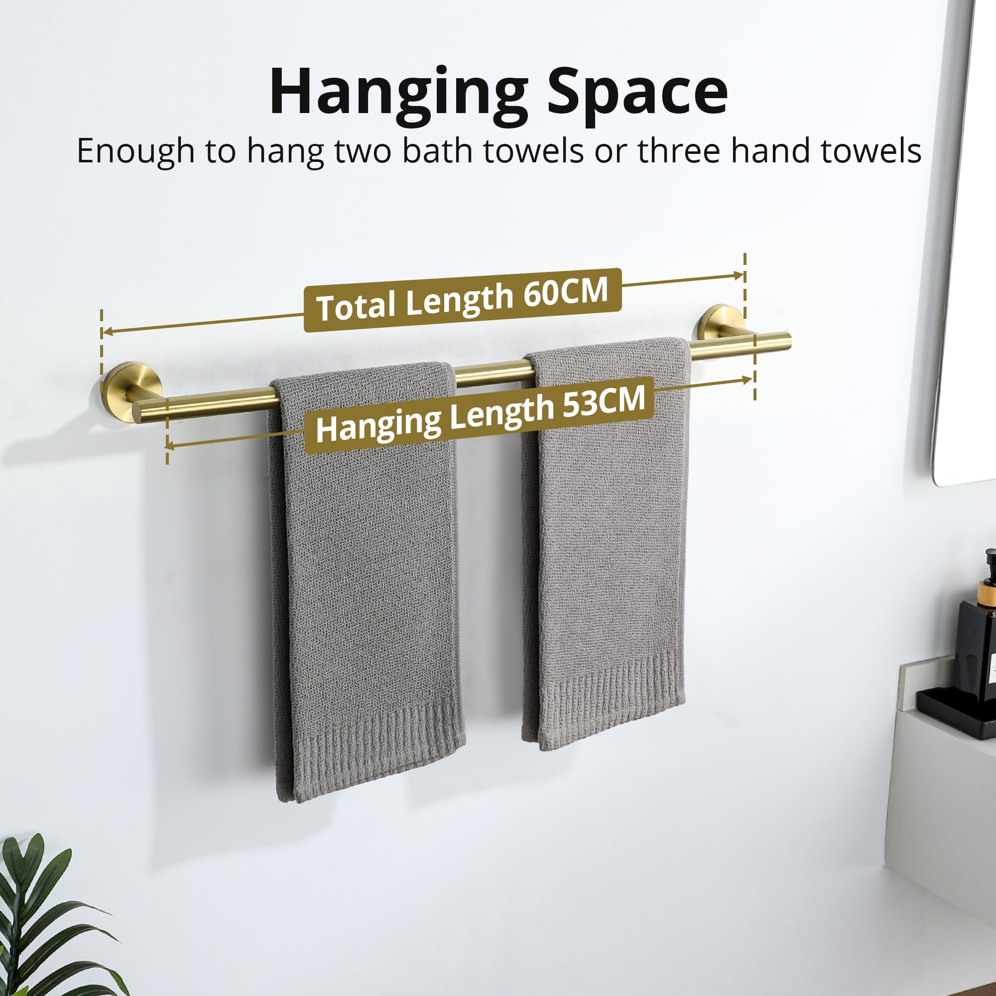 SAYAYO Towel Rail Wall Mounted Bathroom Hand Towel Holder Brushed Gold 60CM/24-Inch SUS304 Stainless Steel Heavy Duty for Kitchen Round Style - Image 2