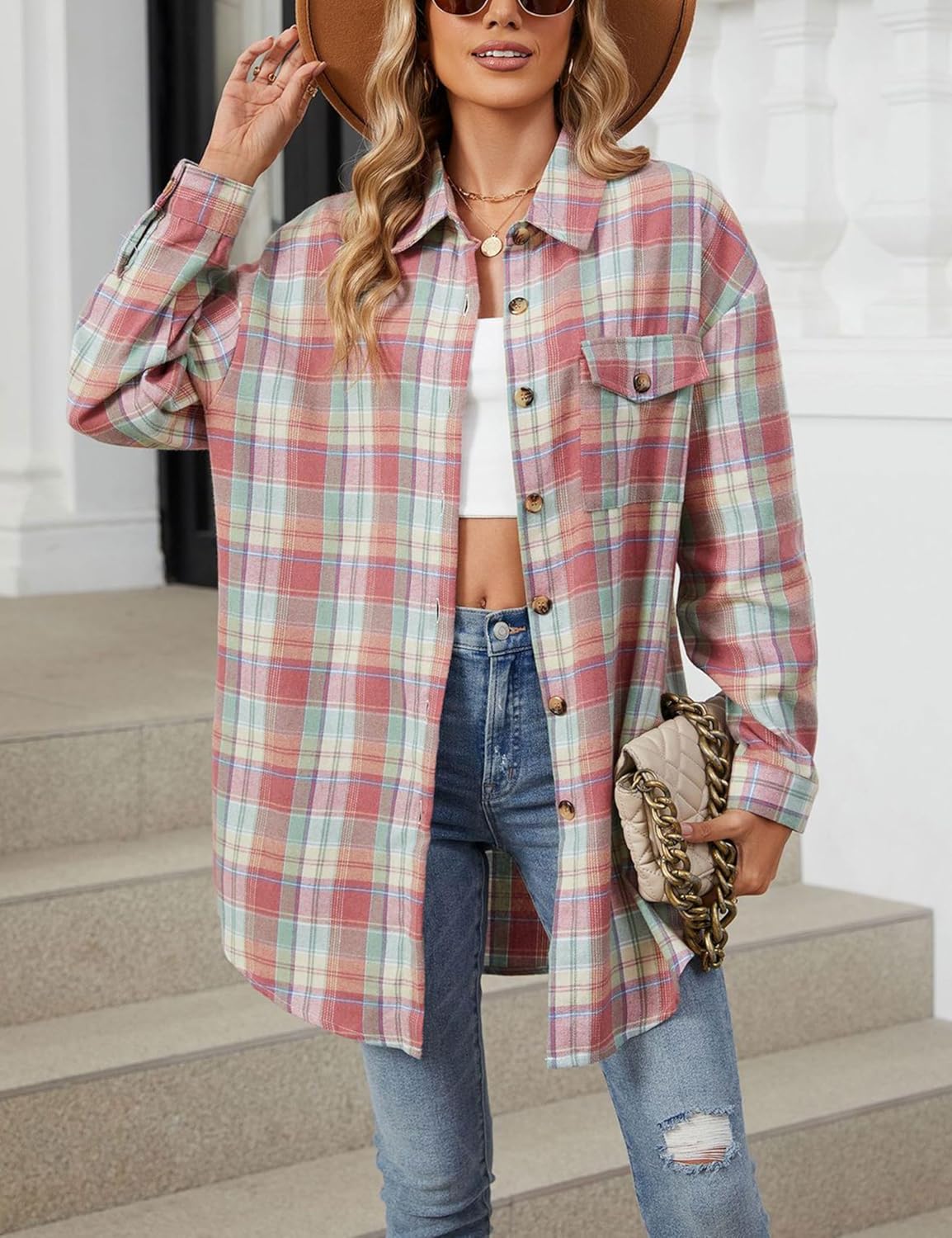 Bozanly Oversized Mid Long Plaid Flannel Shirts for Women Lapel Long Sleeve Check Blouse with Pockets - Image 3