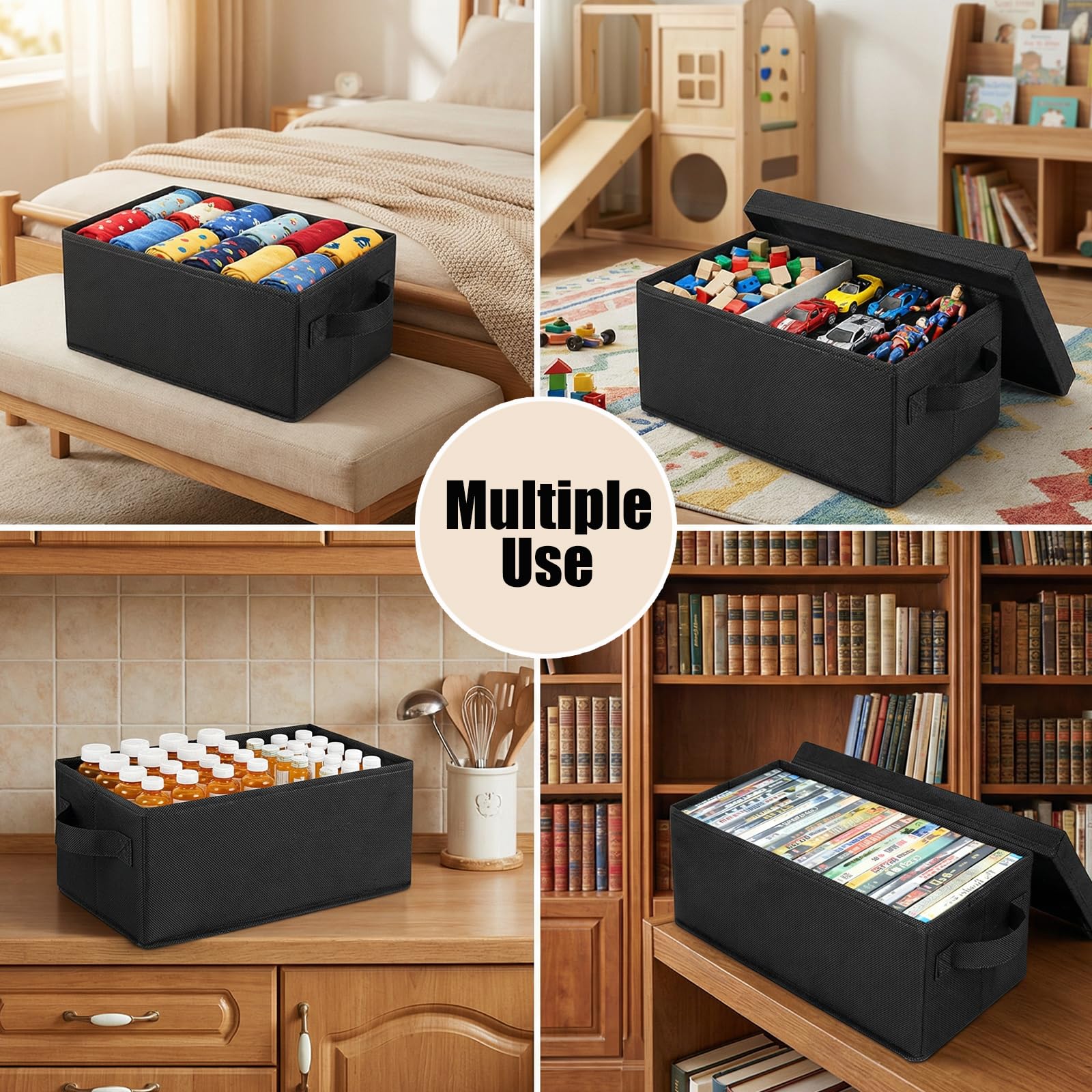 Lot de 4 boîtes de rangement pour DVD avec couvercle, empilables en tissu pouvant contenir jusqu'à 104 DVD (26 chacun), également idéales pour ranger des Blu-ray, des boîtiers de jeux vidéo