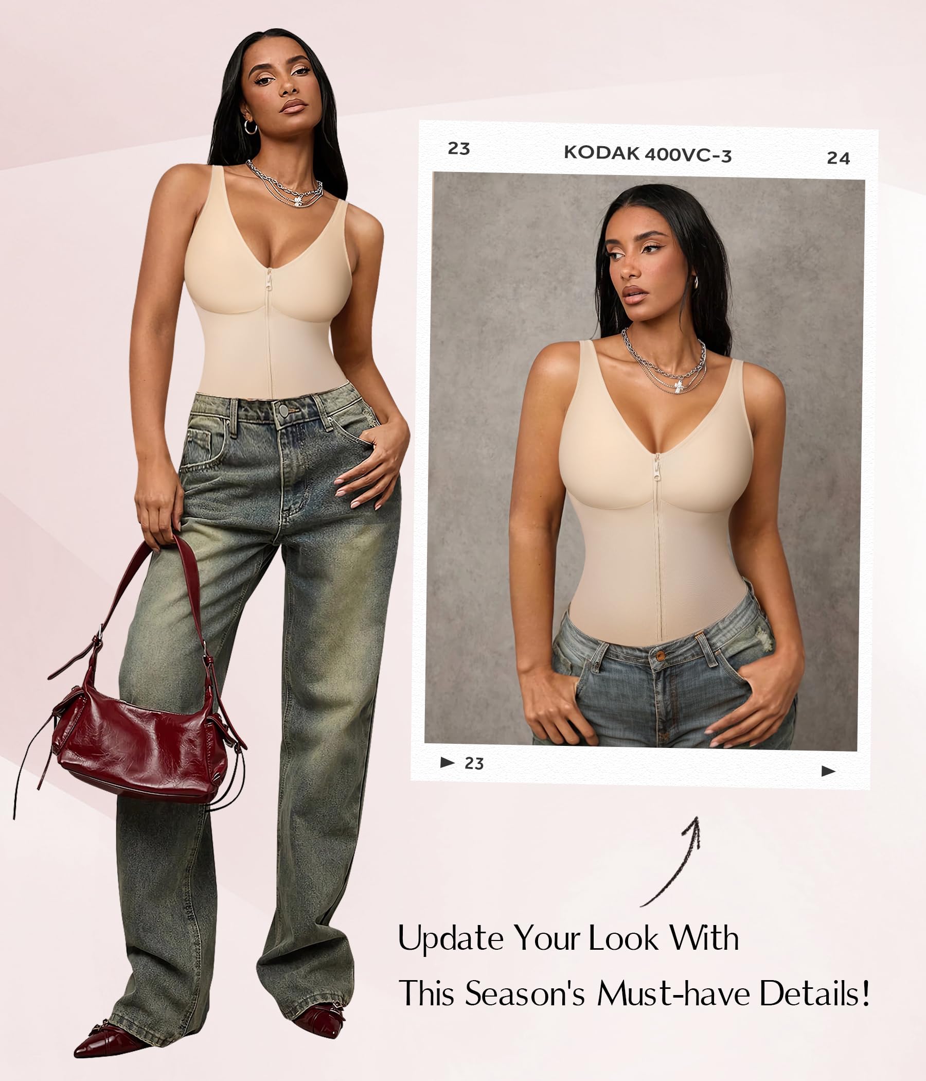 MERYOSZ Body moldeador para mujer, con control de abdomen, cuello en V, cremallera y cintura