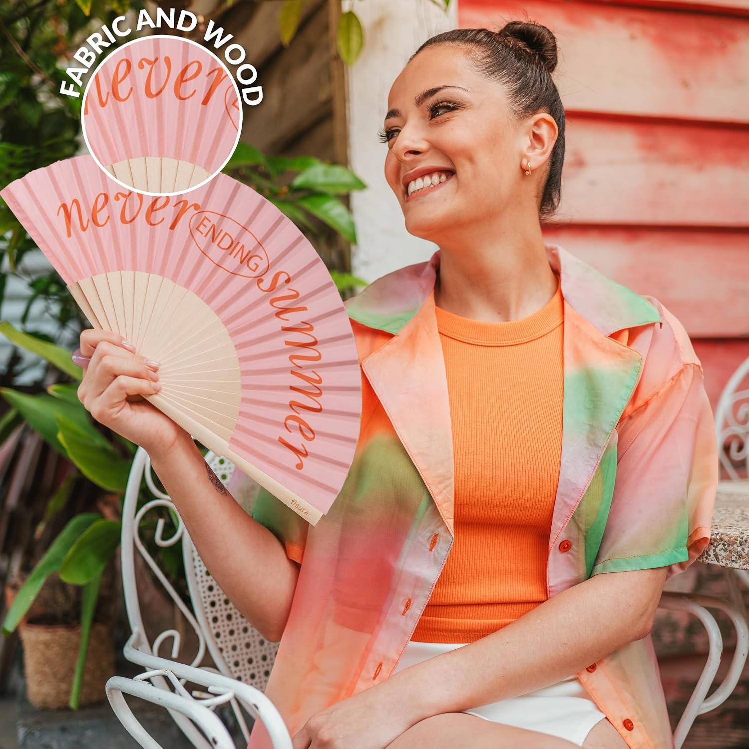 Fisura – Original Folding Fan Never Ending Summer, Wooden Hand Fans for Women Foldable, Orange Design for Raves, Festivals, Weedings, Hanger Included - Size: 16.7 x 9 inches