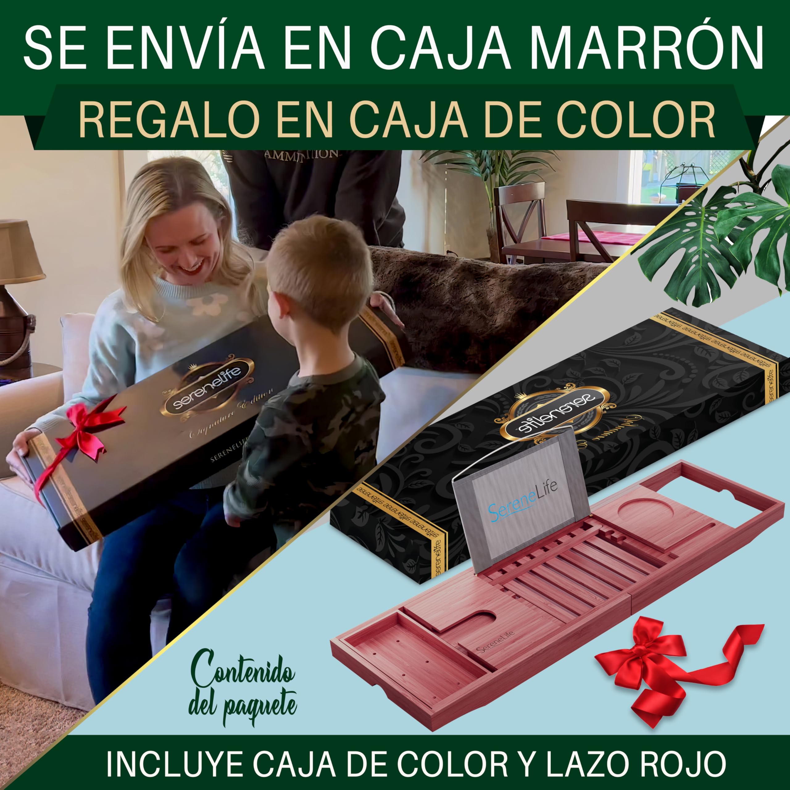 SereneLife Bandeja bañera, Bambu, Extensible, Ajustable, Soporte para Copa de Vino, Libro, Movil, Tablet
