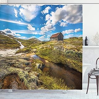 Ambesonne Country Shower Curtain, Abandoned House into Wilderness by River on Hillside with Stones Highland Landscape, Cloth Fabric Bathroom Decor Set with Hooks, 69" W x 70" L, Green White
