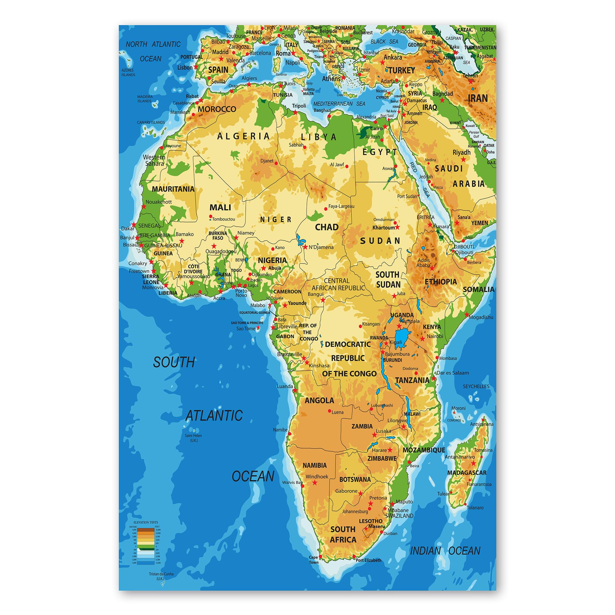 Postereck - 1043 - Mappa dell'Africa, capitali dei paesi in inglese - Decorazione Aula Scolastica, Materiale Didattico, Insegnamento, Quadri - Tela - 100,0 cm x 75,0 cm