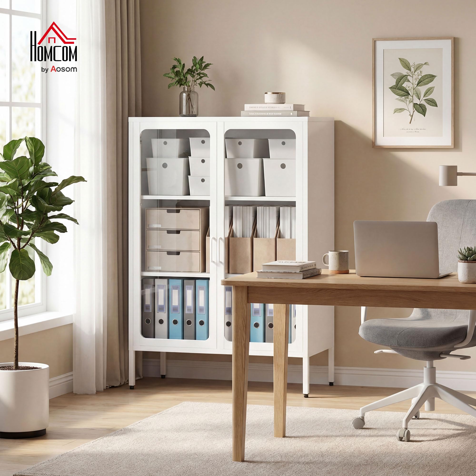 HOMCOM Armadio Portadocumenti in Acciaio a 2 Ante in Vetro Temperato, Schedario da Ufficio con Ripiani Regolabili, Mobiletto Multiuso Portaoggetti, per Ufficio Studio Casa, 80x40x110 cm, Bianco