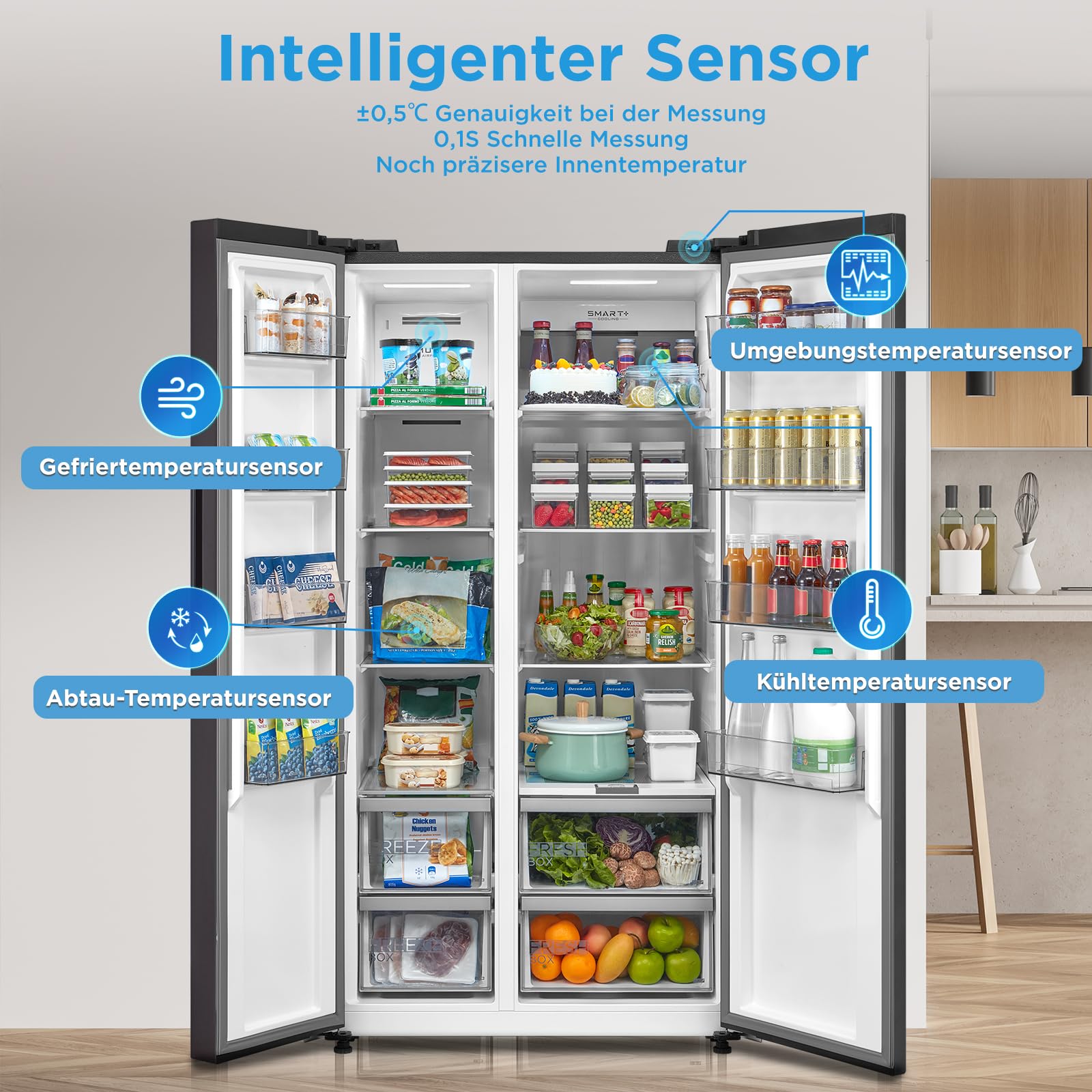 Midea MDRS791MIC28 lodówko-zamrażarka Side-by-Side/No Frost/sterowanie WiFi/Inwerter/Inverter Compressor/176,5 cm wysokości/379 l chłodzenie/213 l zamrażanie/podwójne sterowanie/SuperCool/37 dB, kolor