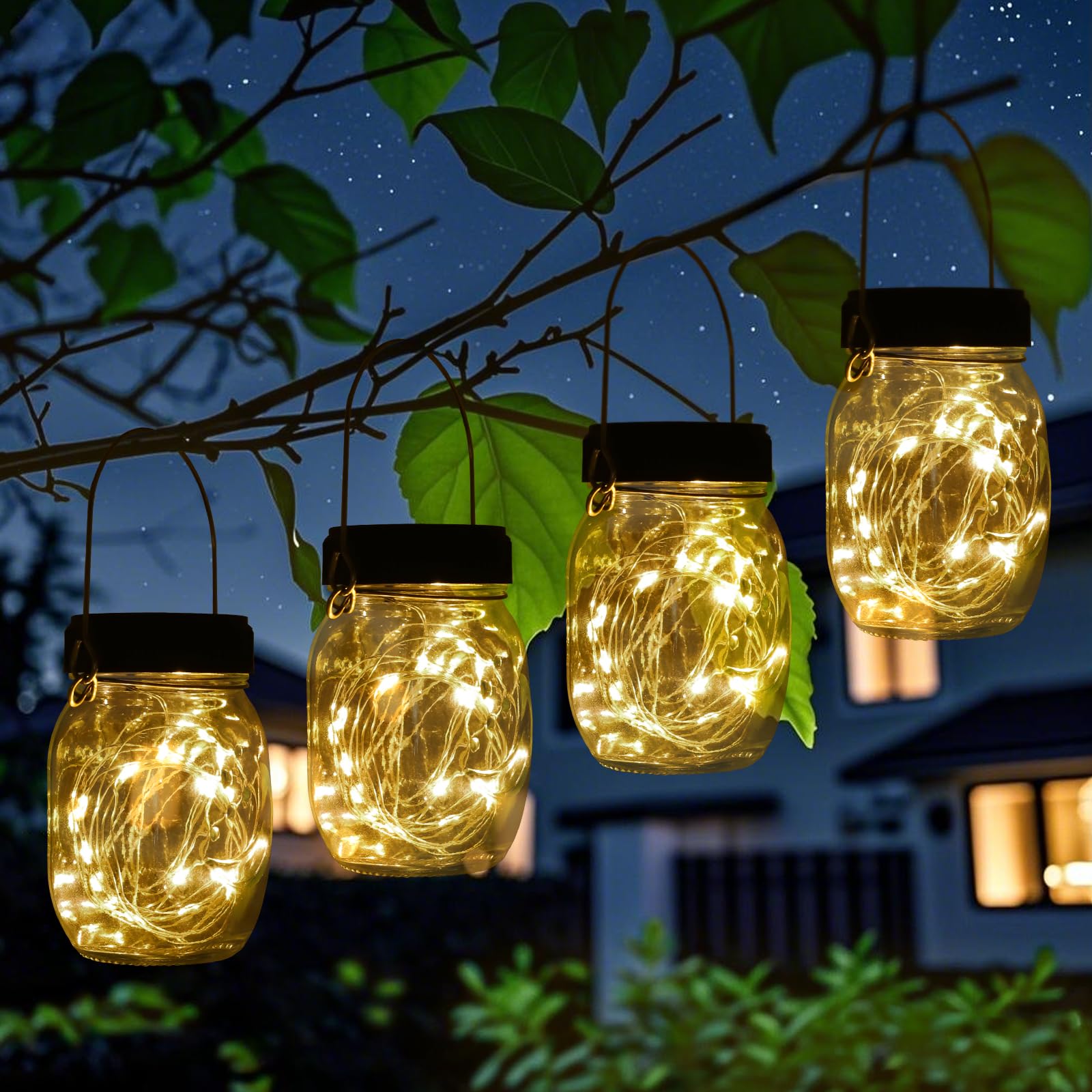 Auting Solarlaterne für Außen, 4 Stück Hängend mini Solar Einmachglas Laterne Lichter für Außen, IP65 Wasserdicht Solarlampen für Außenlaternen Hängend Garten Deko, Garten Patio Balkon Deko (Warm)