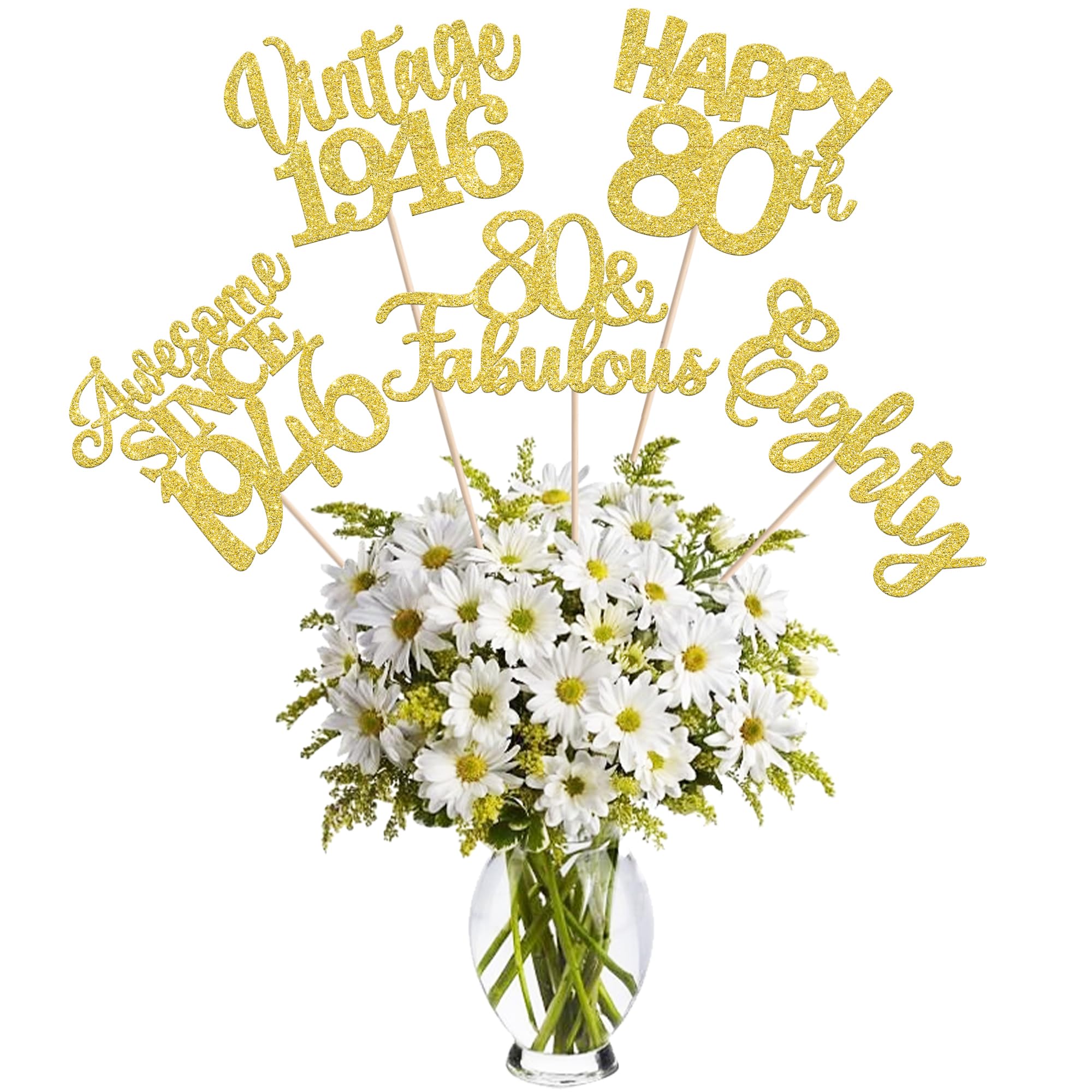 15 PCS 80th Birthday Centerpiece Sticks Double Sided Eighty Happy 80th Vintage 1946 Table Flower Centerpieces Sticks Cheers to 80 Fabulous Floral Decorations for 80th Birthday Party Supplies Gold