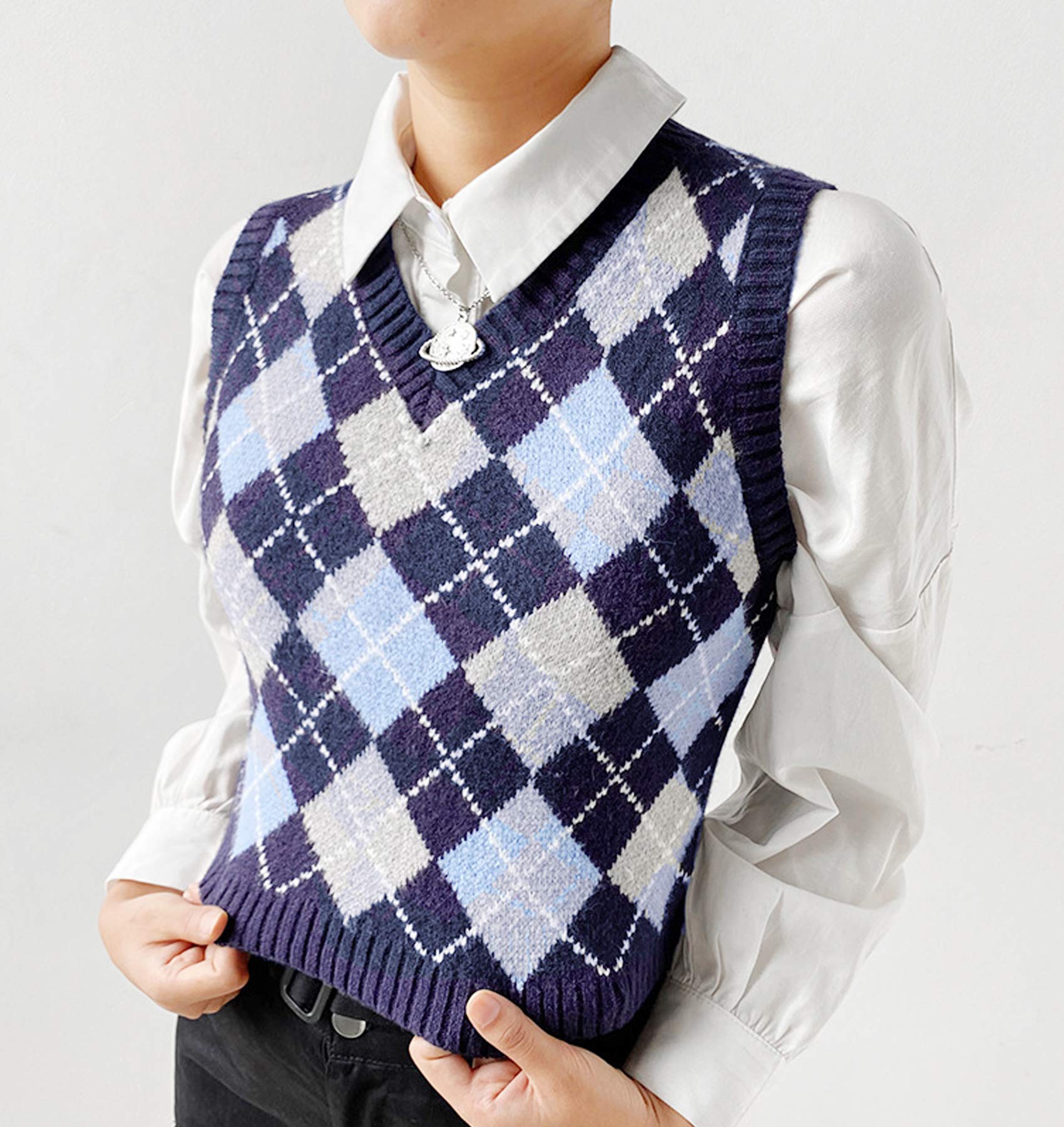 Womens Sweater Vest Argyle Plaid Crop Sweaters Sleeveless Preppy Style Tank  Tops