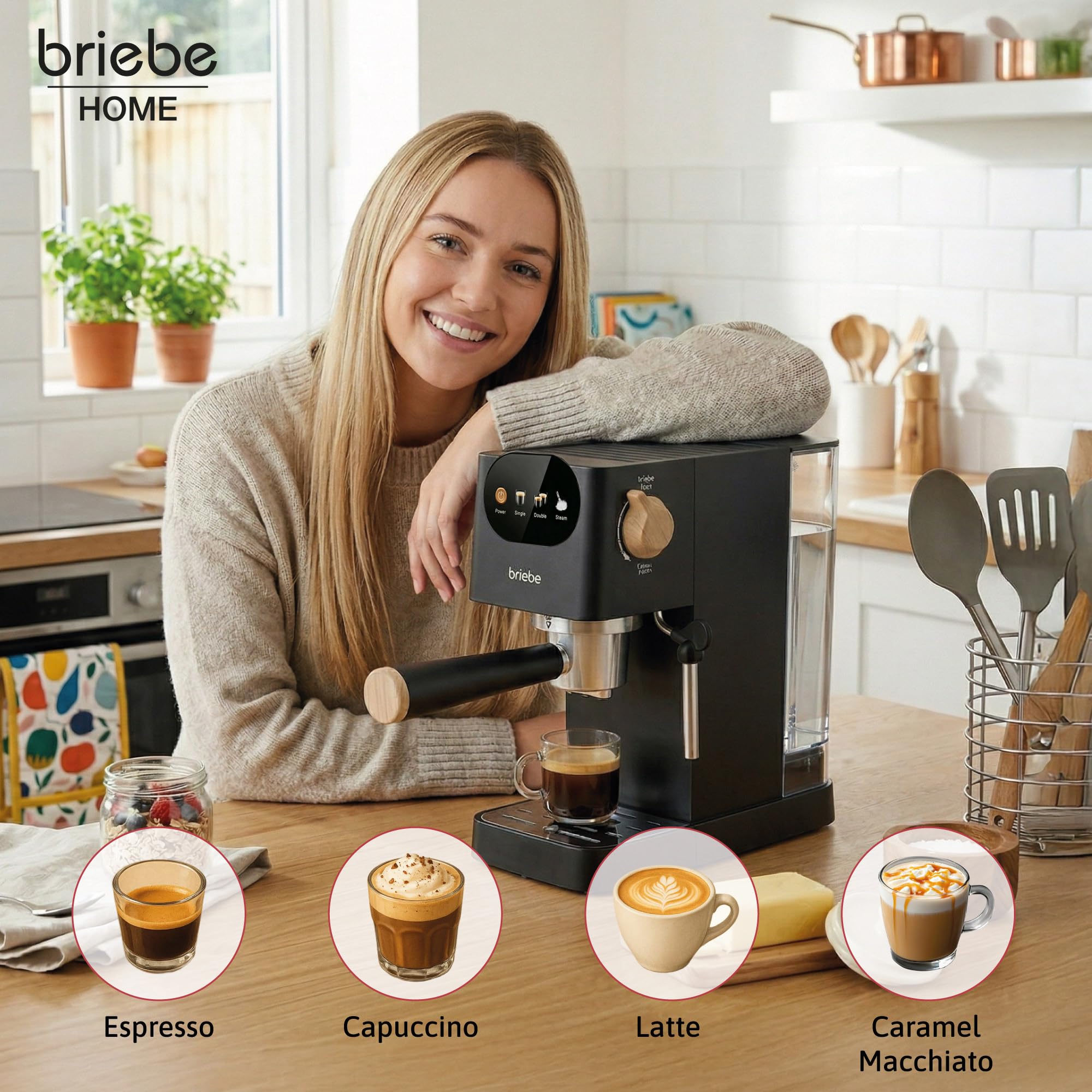 briebe Nordic Machine à Café Expresso 20 Bars Compatible avec Capsules Nespresso et Café Moulu, Semi-Automatique Professionnel 1350W, Mousseur à Lait, Écran Tactile, 1,2L, Design Scandinave, Noir - 3