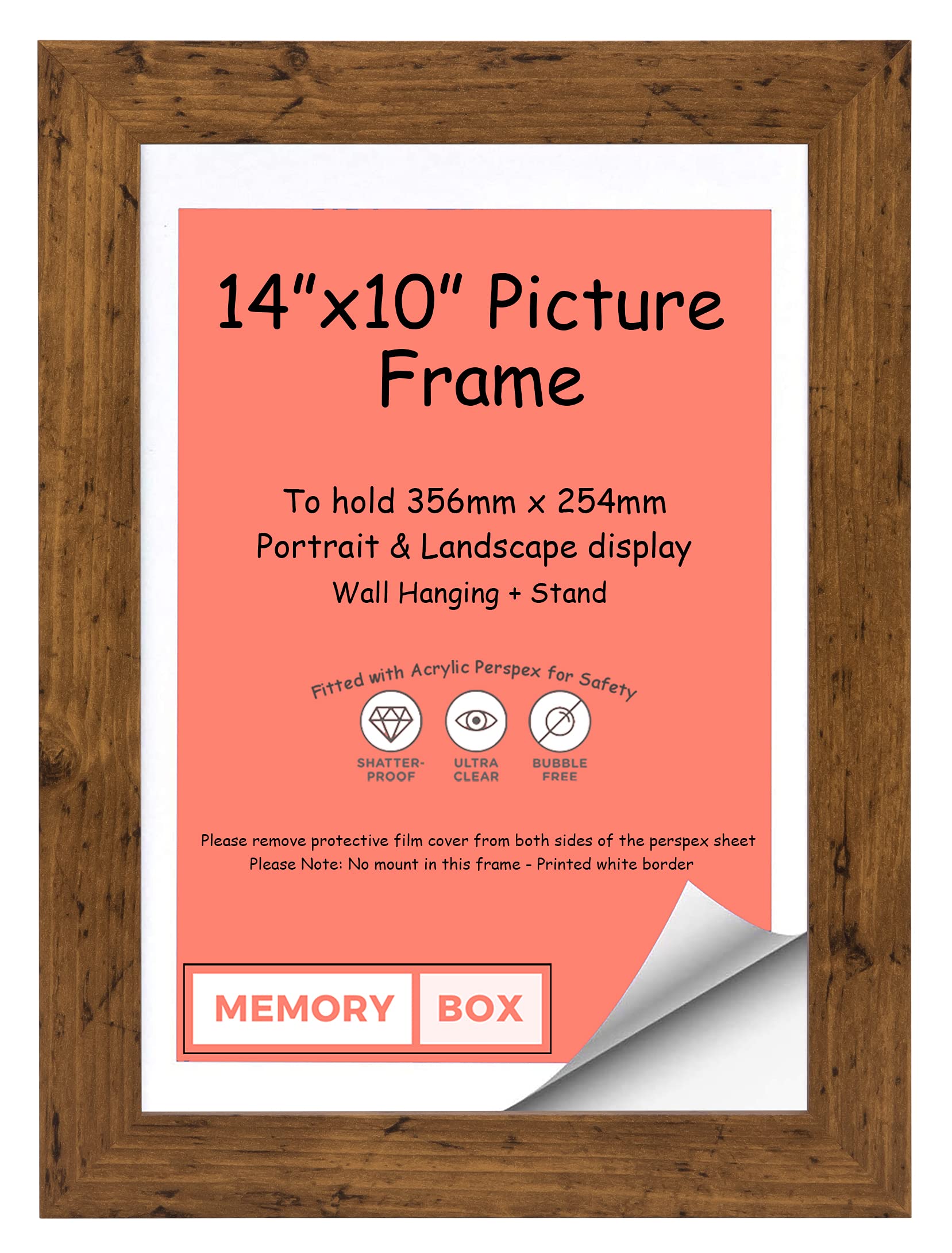 Memory Box Wrapped MDF Picture/Photo/Poster frame with Perspex Sheet - Moulding 30mm Wide and 15mm Deep - (35.6 x 25.4cm) Rustic 14" x 10"
