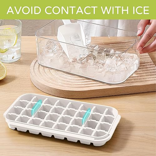 Miniatura 5 de ALSTER Bandeja para cubitos de hielo con tapa y contenedor, 64 moldes para cubitos de hielo de fácil liberación para congelador, contiene con