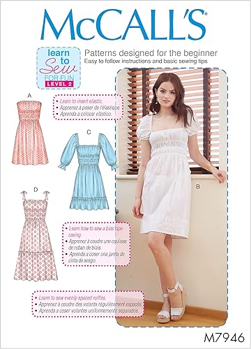 McCall's Patterns McCall's Learn - Vestido de manga larga para mujer, sin mangas, corto, patrón de costura 12-20, color blanco