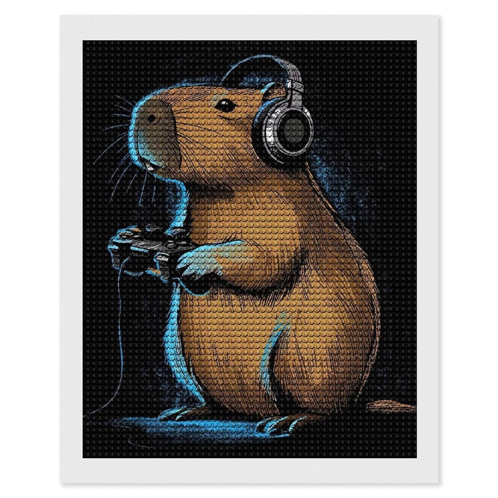 Junmoney Capybara Gamer with Headphones Full Drill Diamond Painting Kit 16"x20", Sparkling Round Gems, Decorate Your Room, Mindful Craft Activity