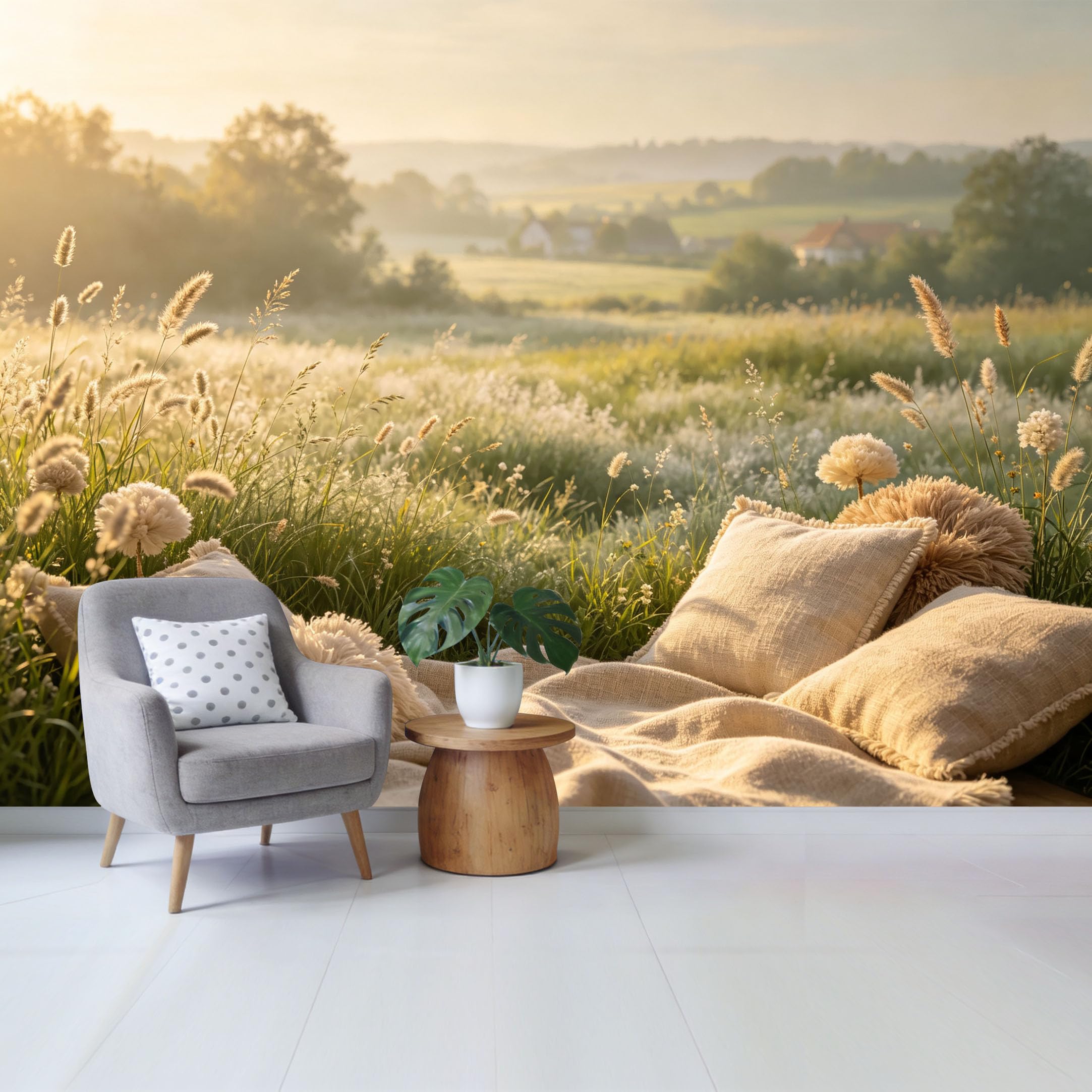 Qzlithotic Yq2605251239 Custom Size Wall Mural Golden Sunset Meadow Landscape Soft Linen Texture Farmhouse Style Selfadhesive Wall Fabric Removable Wallpaper For Home Office Decor