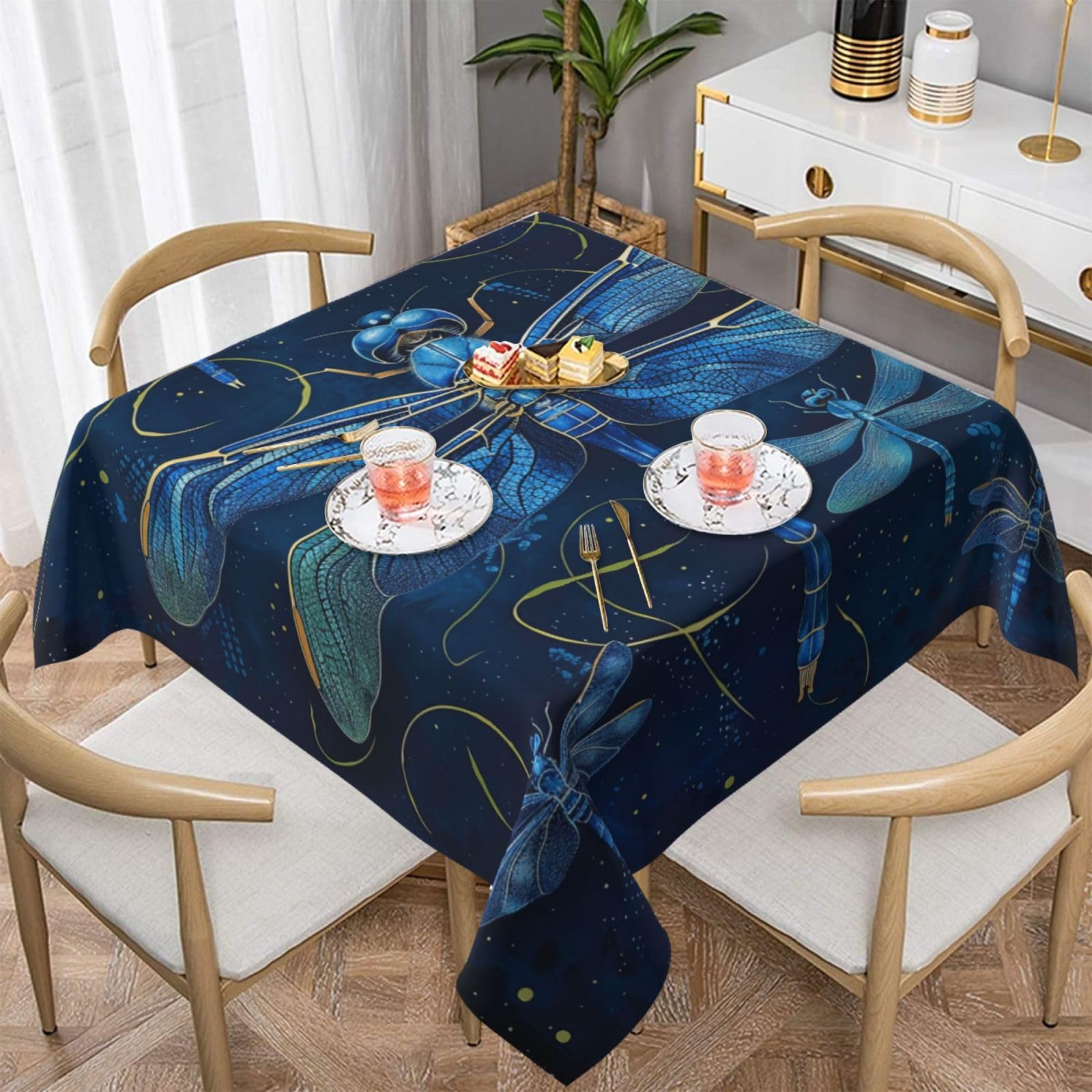 WPKJU Blue Dragonfly Printed Square Tablecloth 54x54 inch Water Resistant Table Cover Washable Rectangle Table Cloth for Dining Tables