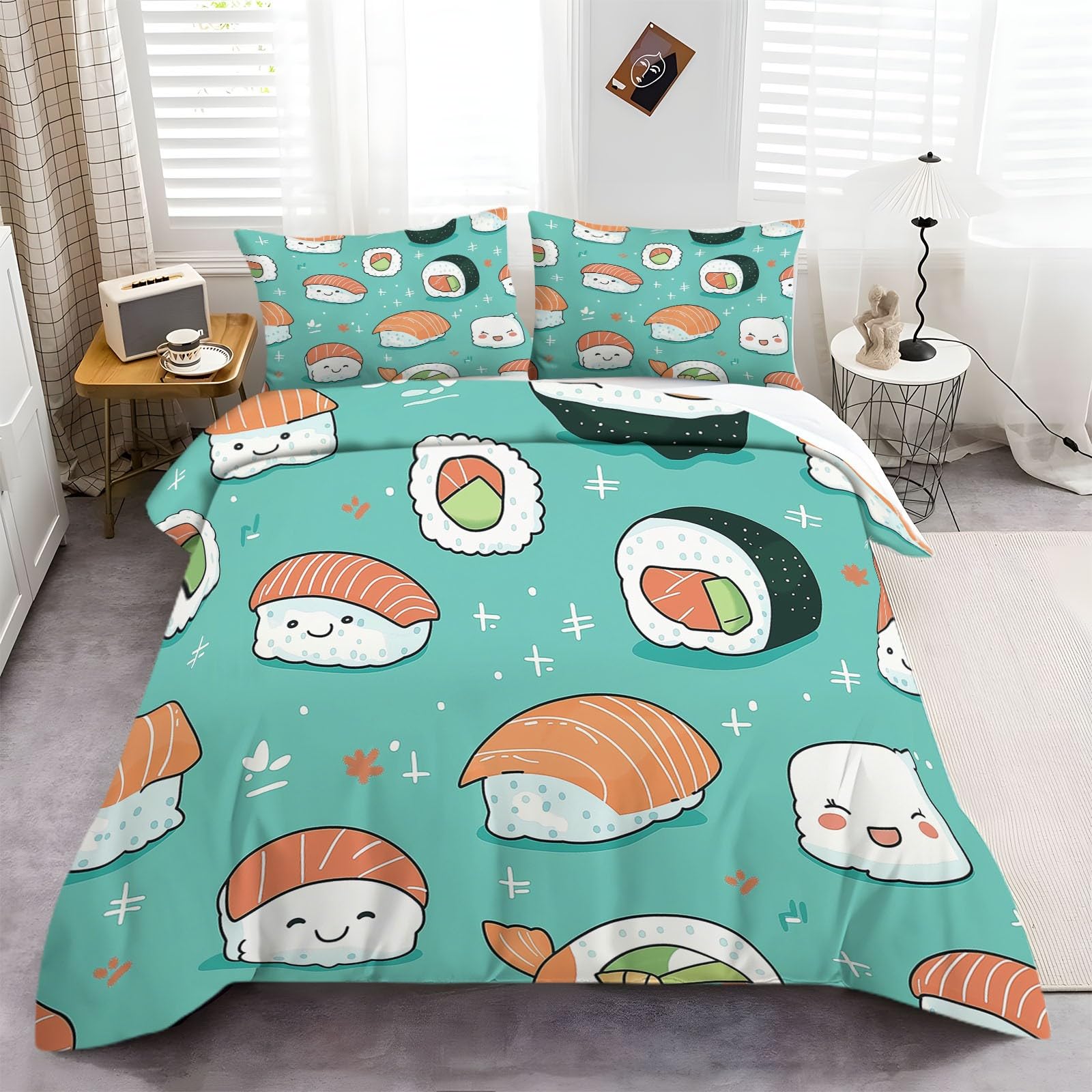 Parure de Lit Imprimée Sushi Kawaii Turquoise, Housse de Couette 200x200 cm + 2 Taies d'Oreiller 65x65, Microfibre Confort Résistant aux Taches Facile à Entretenir, Set Complet pour 2 Personnes