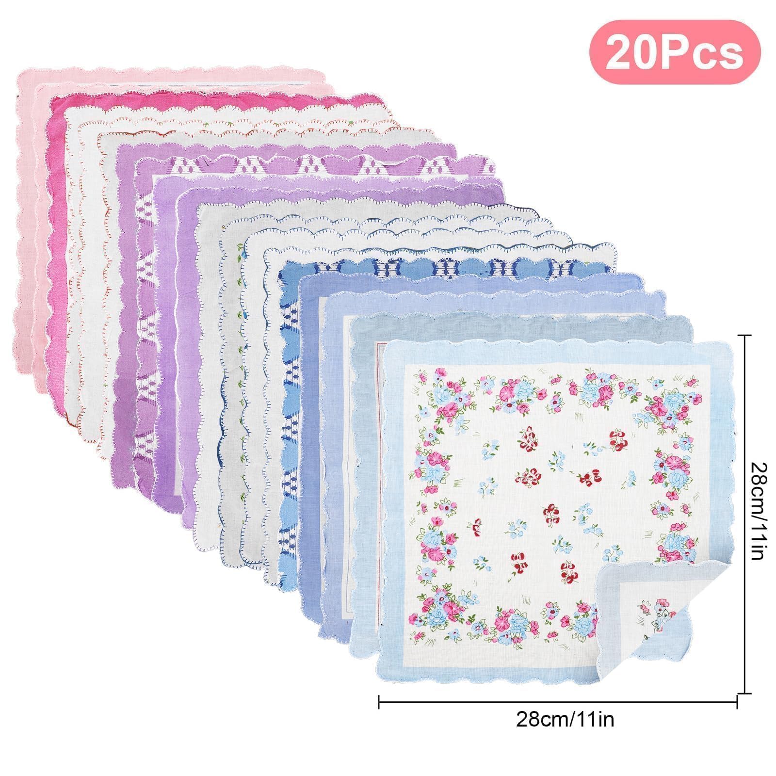 EEEKit Damskie Poszetki i Chusteczki, Chusteczki Damskie Miekkie, 20 Sztuk Bawełniane Chusteczek z Wzorem Falowana Krawędź dla Ślub Prezenty, 28 x 28 cm