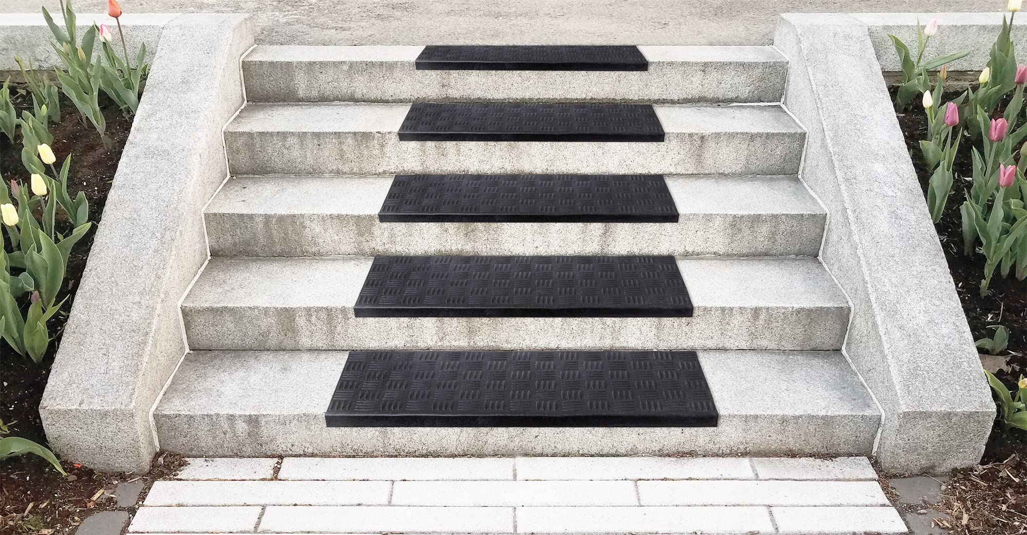 Ottomanson DirtOff Collection Ribbed Design Rubber Stair Treads, 5 Pack, 10" X 30", Black