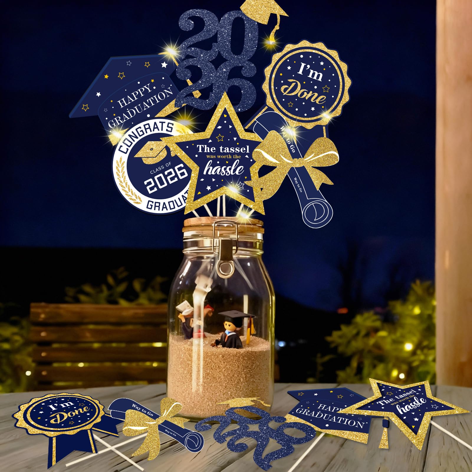 Graduation Party Centerpieces Decorations for Tables Class of 2026 - Glitter Navy Blue and Gold Graduation Table Centerpieces Sticks with LED String