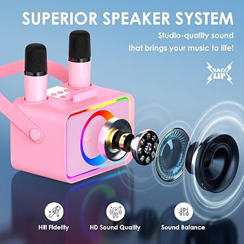 Karaoke Machine for Kids Adults,Portable Bluetooth Speaker with 2 Wireless Microphone with LED Lights, Karaoke Microphone with PA System Supports USB/TF/AUX,Gift for Party(Black) (Pink)