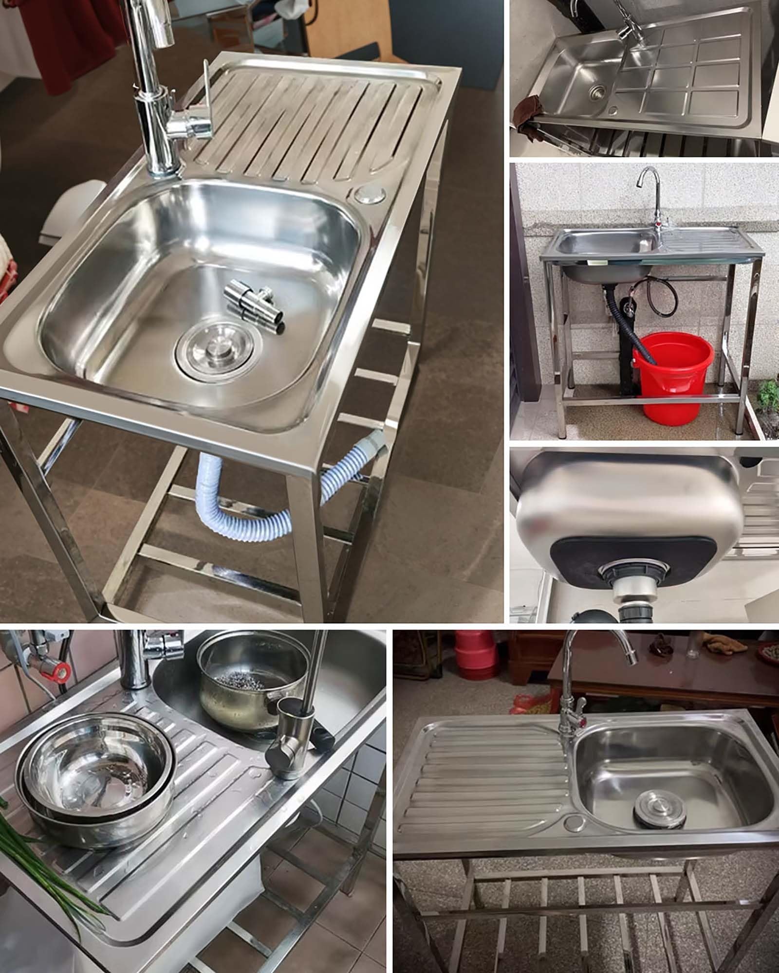 Évier Inox De Cuisine Indépendant Évier Utilitaire Avec Robinet Et Étagères De Rangement Extérieur Évier De Jardin Avec Banc De Travail 2 Brosses En Éponge Evier De Commercial Pour Garage Buanderie(Si