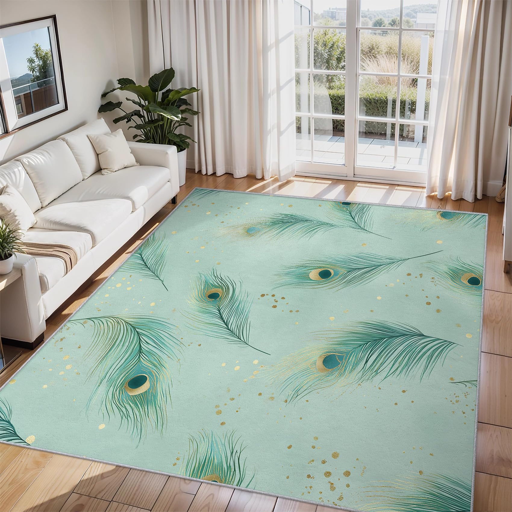Generico Tappeto Salotto Piuma di Pavone 120x170 cm, Tappeto Piuma Verde, Antiscivolo Pelo Corto Lavabili per Camera da Letto Cucina Bagno P-&64