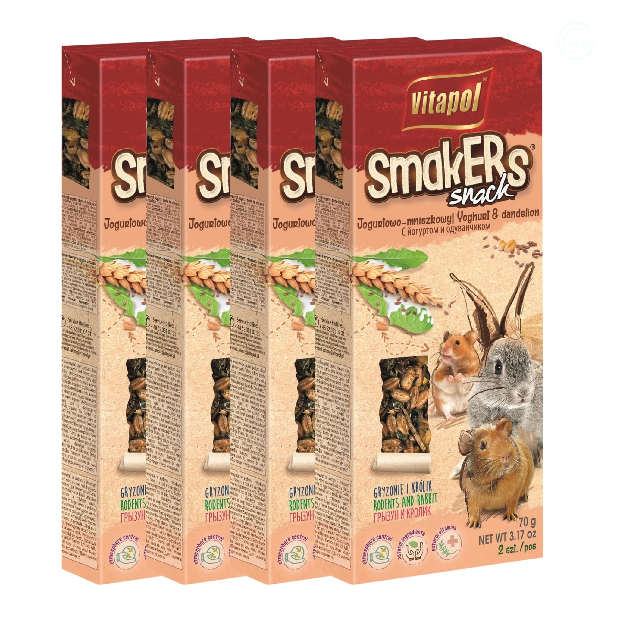 Vitapol Smakers® Natural Treat Sticks for Rodents & Rabbits – Enriched with Fruits, Vegetables, Herbs, Nuts & Probiotic Yoghurt – Healthy Complementary Snacks (8pcs, 360g, Yoghurt&Dandelion)