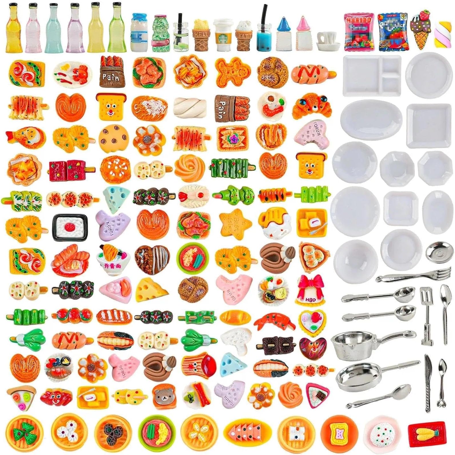 - HKLMRO 150Pcs Miniature Food Drink Bottles Adults Dollhouse Soda Pop Cans Pretend Play Kitchen Cooking Game Party Accessories Toys Hamburger Cake Ice Cream Pizza Bread Tableware Doll House Landscape