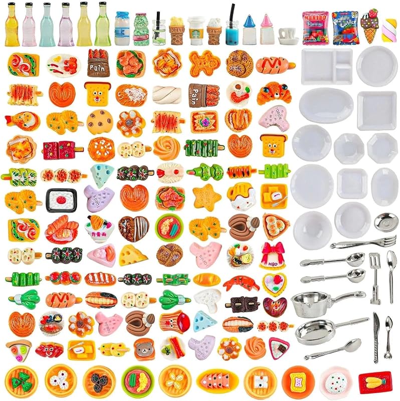 HKLMRO 150 botellas de comida en miniatura para adultos, casa de muñecas, latas de refrescos, juego de simulación, cocina, juego de cocina, accesorios de fiesta, juguetes, hamburguesa, pastel, helado, pizza, pan, vajilla, casa de muñecas, paisaje