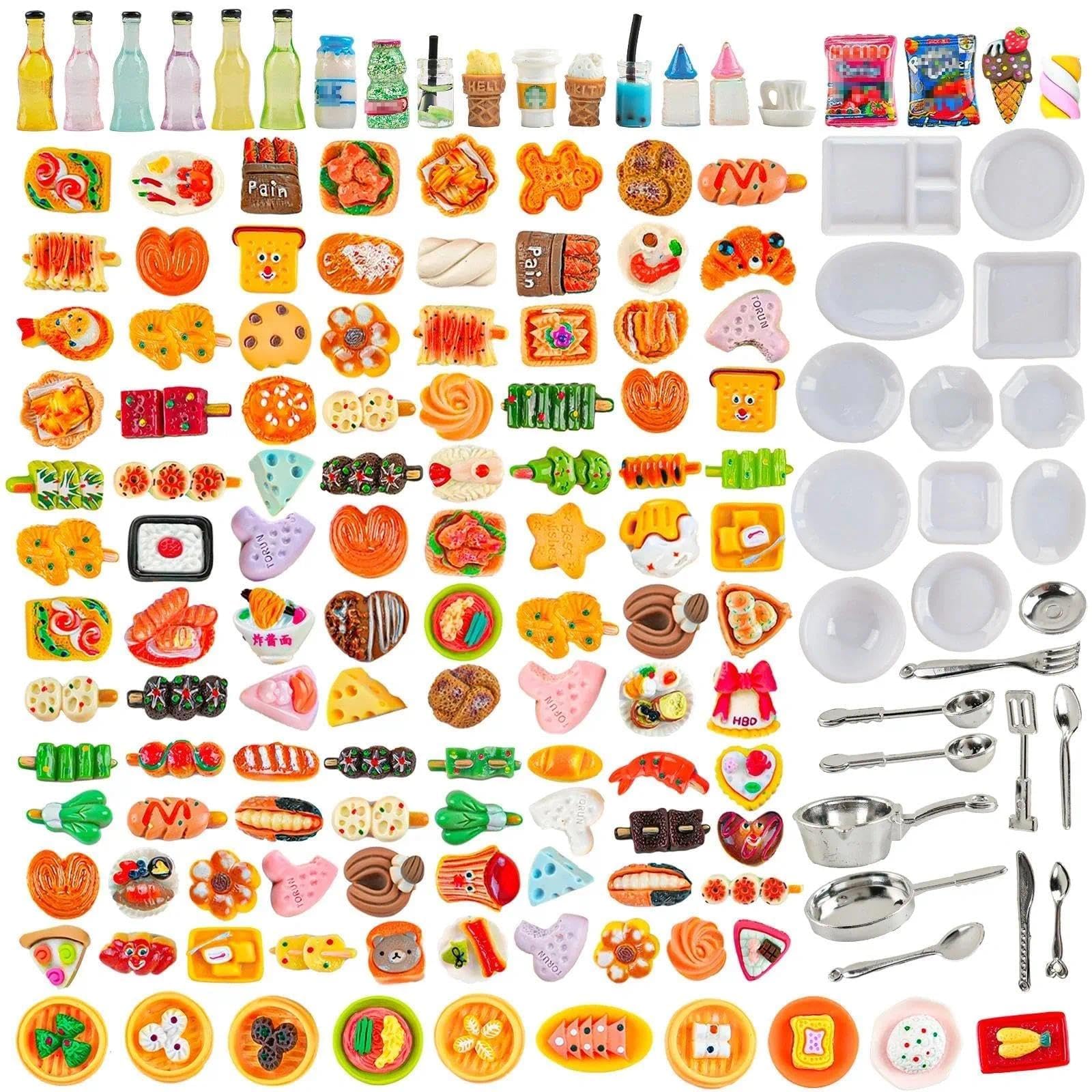 150Pcs Miniature Food Drink Bottles Adults Dollhouse Soda Pop Cans Pretend Play Kitchen Cooking Game Party Accessories Toys Hamburger Cake Ice Cream Pizza Bread Tableware Doll House Landscape