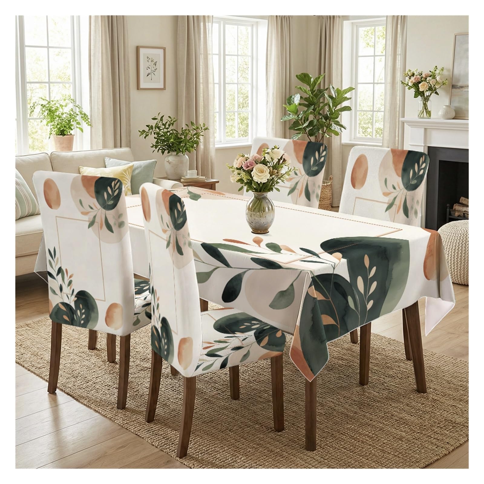 KXUAUV Off White Base Boho Watercolor Leaf Geometric Print Dining Tablecloth & Chair Covers Set, 5/7 Piece Modern Minimalist Nordic Dining Decor Party Decor(5pcs Set: Tablecloth+Chair Covers)