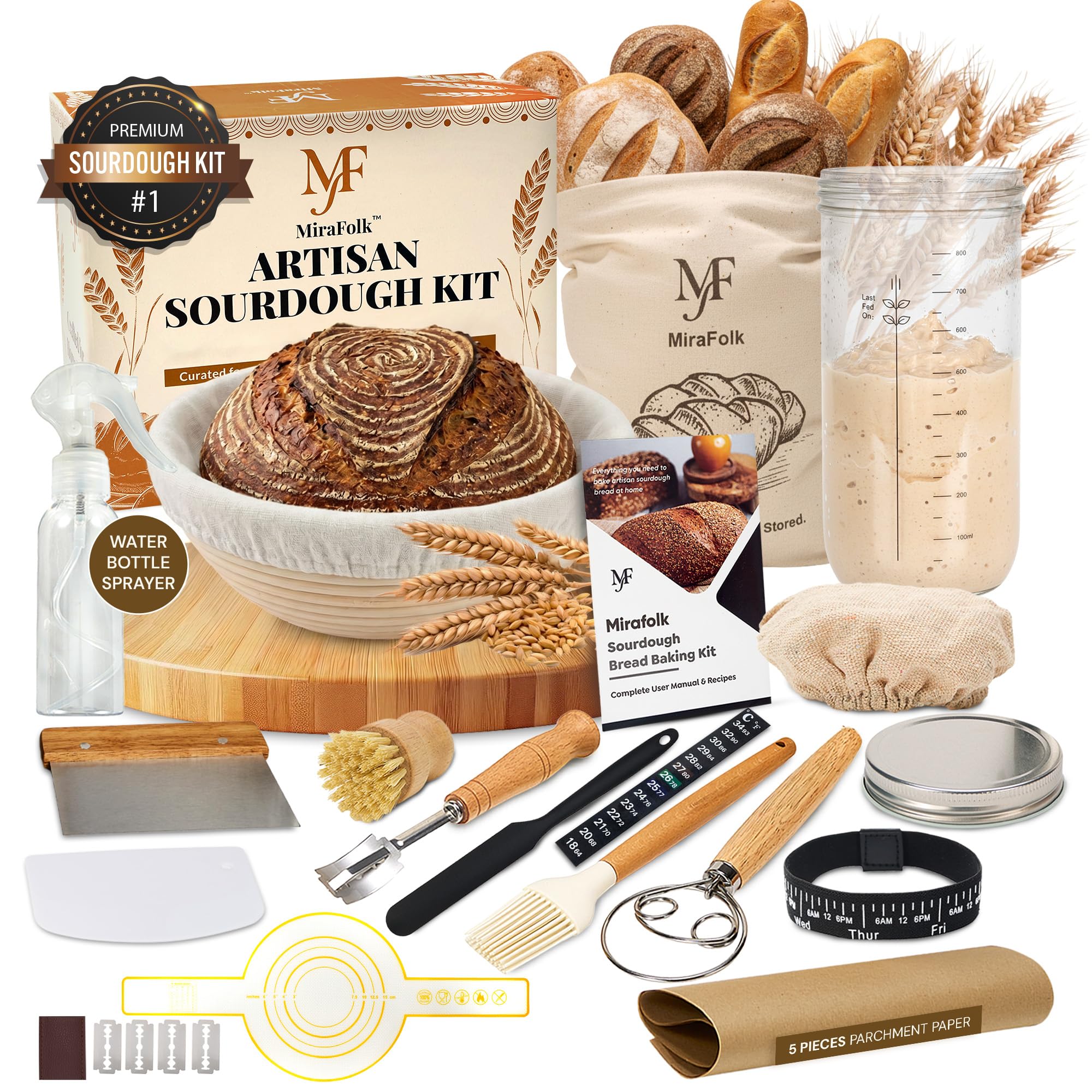 All-in-One MiraFolk Sourdough Starter Kit – Bread Making Kit with Round Proofing Basket with Cloth Liner, Jar, Dough Whisk, Dough Scraper, Bread Making Tools – Baking Accessories for Kitchen