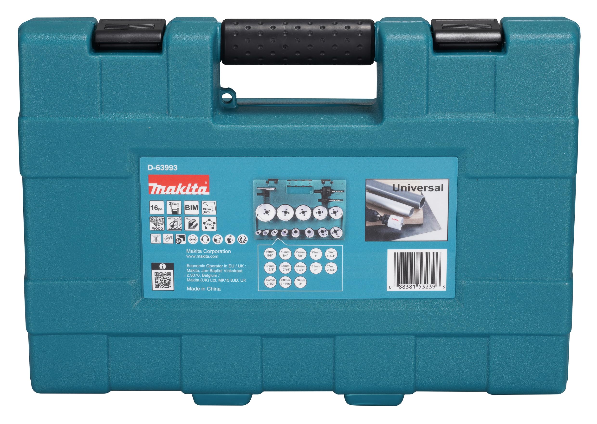Makita BiM D-63993 - Set di 16 seghe a tazza in valigetta di plastica, seghe a tazza bimetalliche diametro 16-76 mm, profondità di taglio 38 mm, per legno, metallo, alluminio, plastica