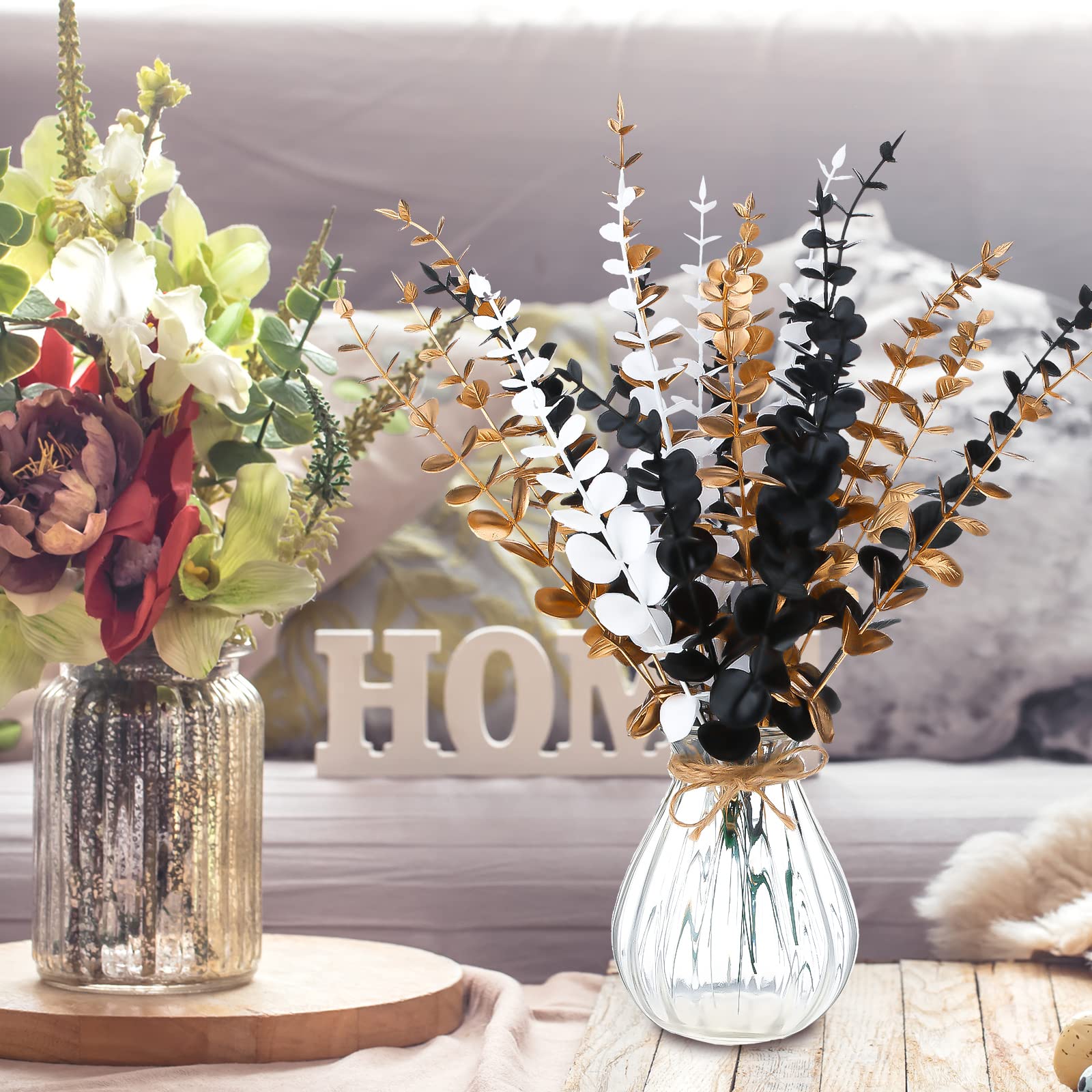 Yinder Gold Eucalyptus Black White Eucalyptus Stems Artificial Gold Faux Eucalyptus Branches Stems Fake Leaf Stem Christmas Decor Plants for Party Wedding Flower Home Farmhouse Decor (24 Pcs)