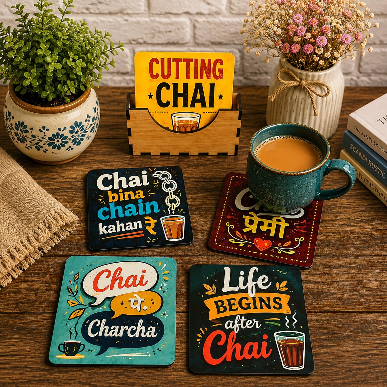 Motivational MDF Wooden Tea Coasters Set of 4 with Holder | Printed Coffee Table Coasters for Home, Office & Kitchen | Anti-Slip Drink Coaster Set with Inspirational Quotes (Coster-2)-image-37