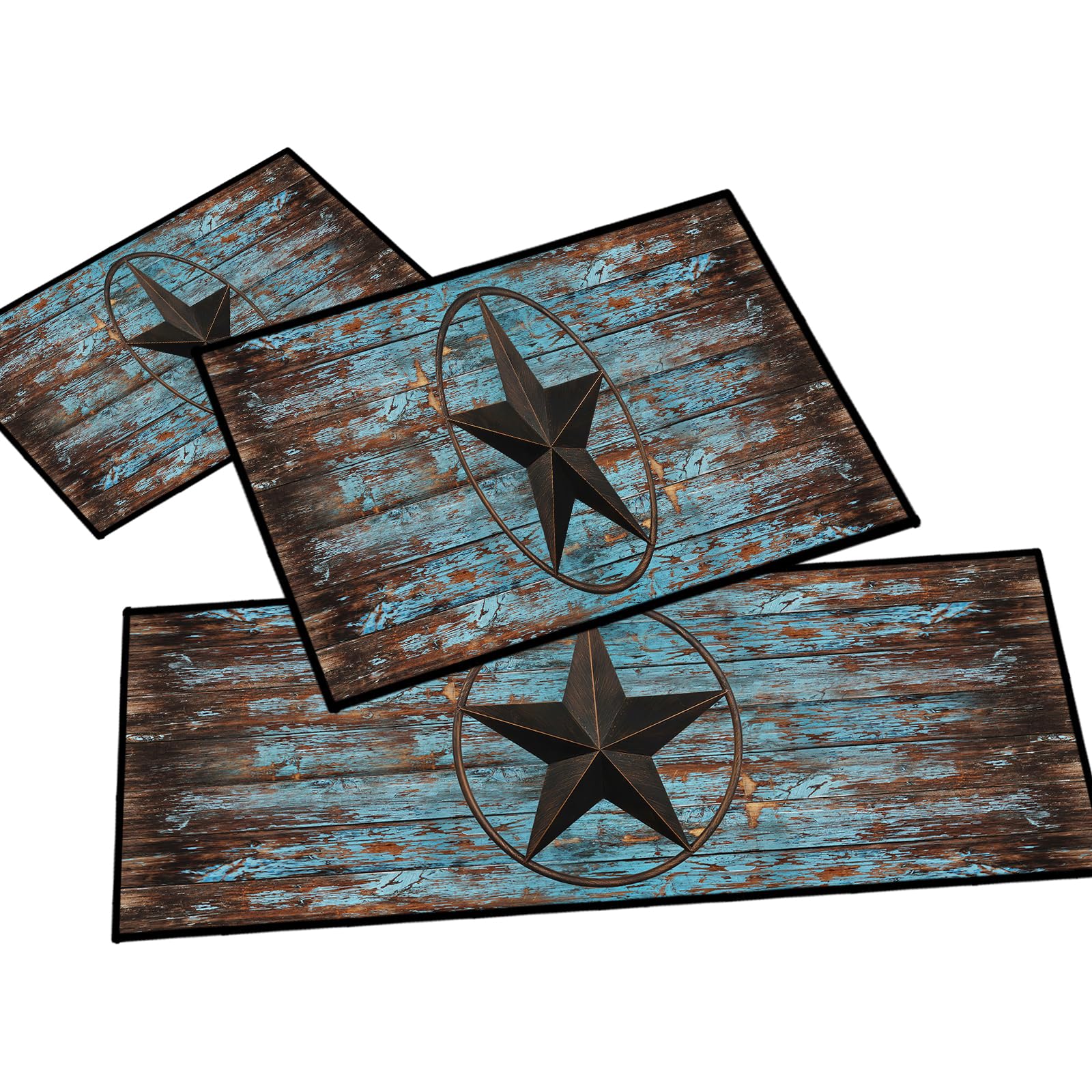 Western Kitchen Rug Set of 3,Anti Fatigue Mats for Kitchen Floor,Barn Texas Star on Old Wooden Plank Rustic Country Farmhouse Kitchen Mat Vintage Floor Mats Non Slip Washable Kitchen Rugs Runner,Teal