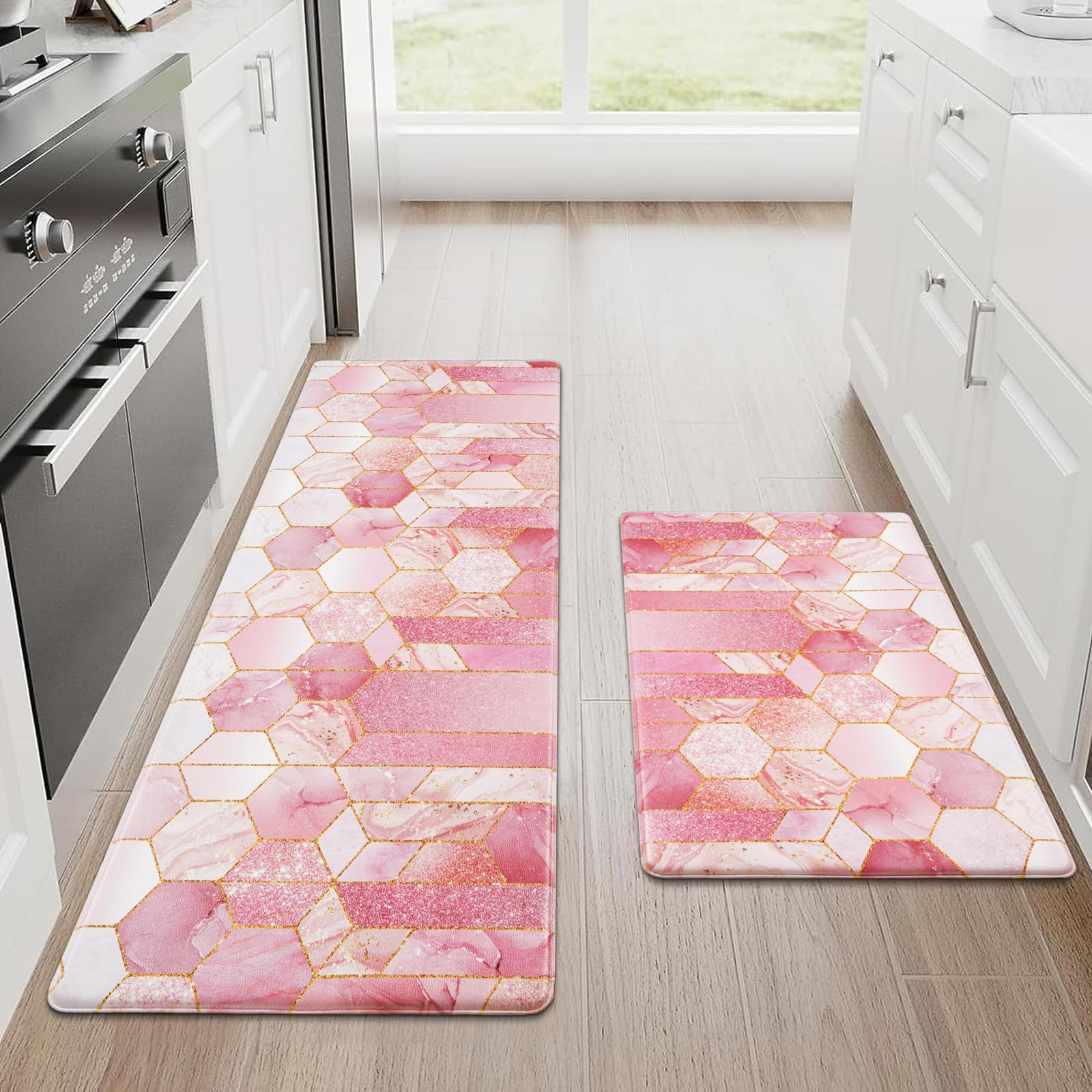 Alishomtll PVC Kitchen Rugs, 2 Piece Waterproof Non-slip Anti-Fatigue Kitchen Mats, Stain-Resistant Kitchen Runner Washable Standing Mats for Kitchen Floor Home Office 44x75+44x120cm, Pink